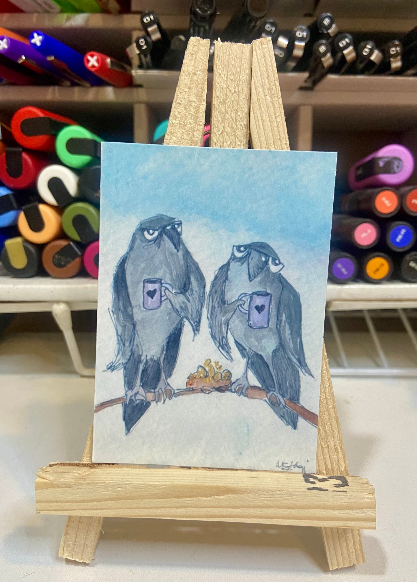 ACEO Limited Edition Print Watercolor Gossip Crows 2.5 x 3.5