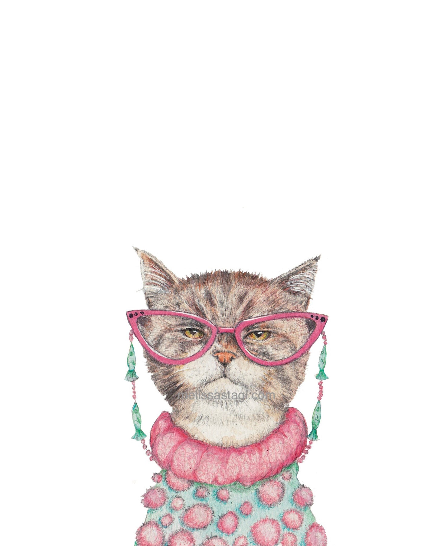 Cat Eyes embellished print, cat lover, feline art, cat art, cat with glasses