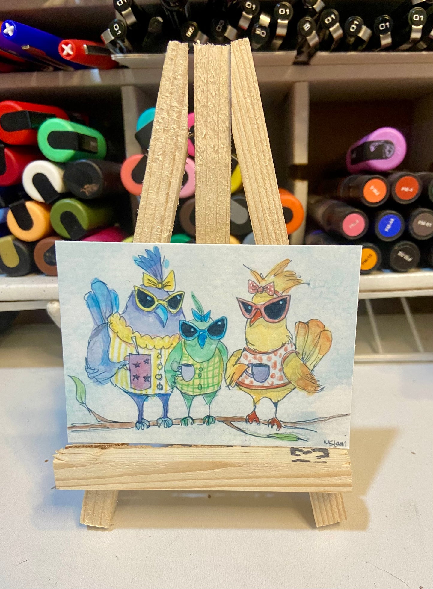 ACEO Limited Edition Print Watercolor Sunglass Birds 2.5 x 3.5