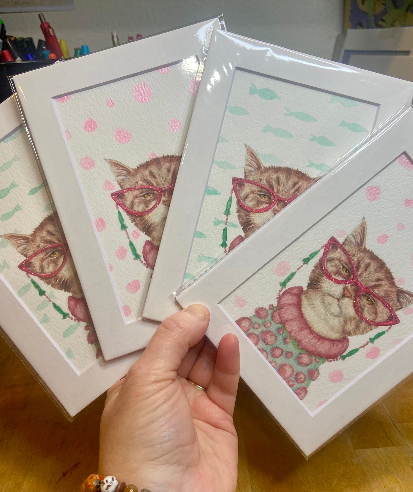 Cat Eyes embellished print, cat lover, feline art, cat art, cat with glasses