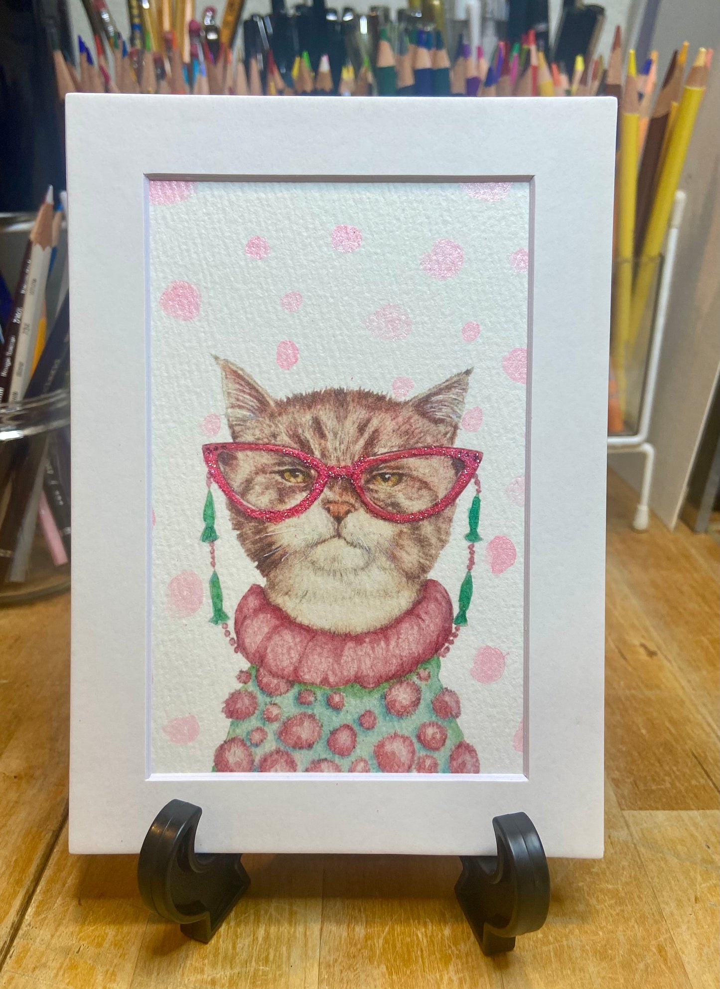 Cat Eyes embellished print, cat lover, feline art, cat art, cat with glasses