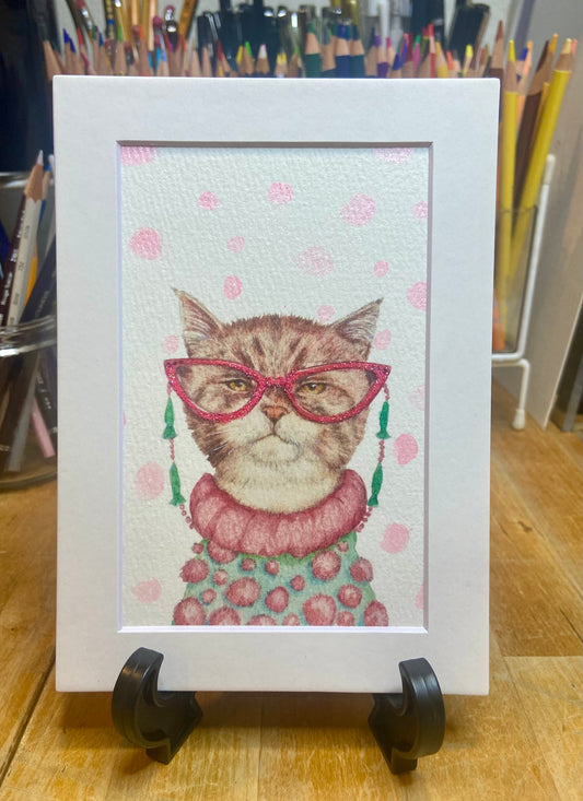Cat Eyes embellished print, cat lover, feline art, cat art, cat with glasses