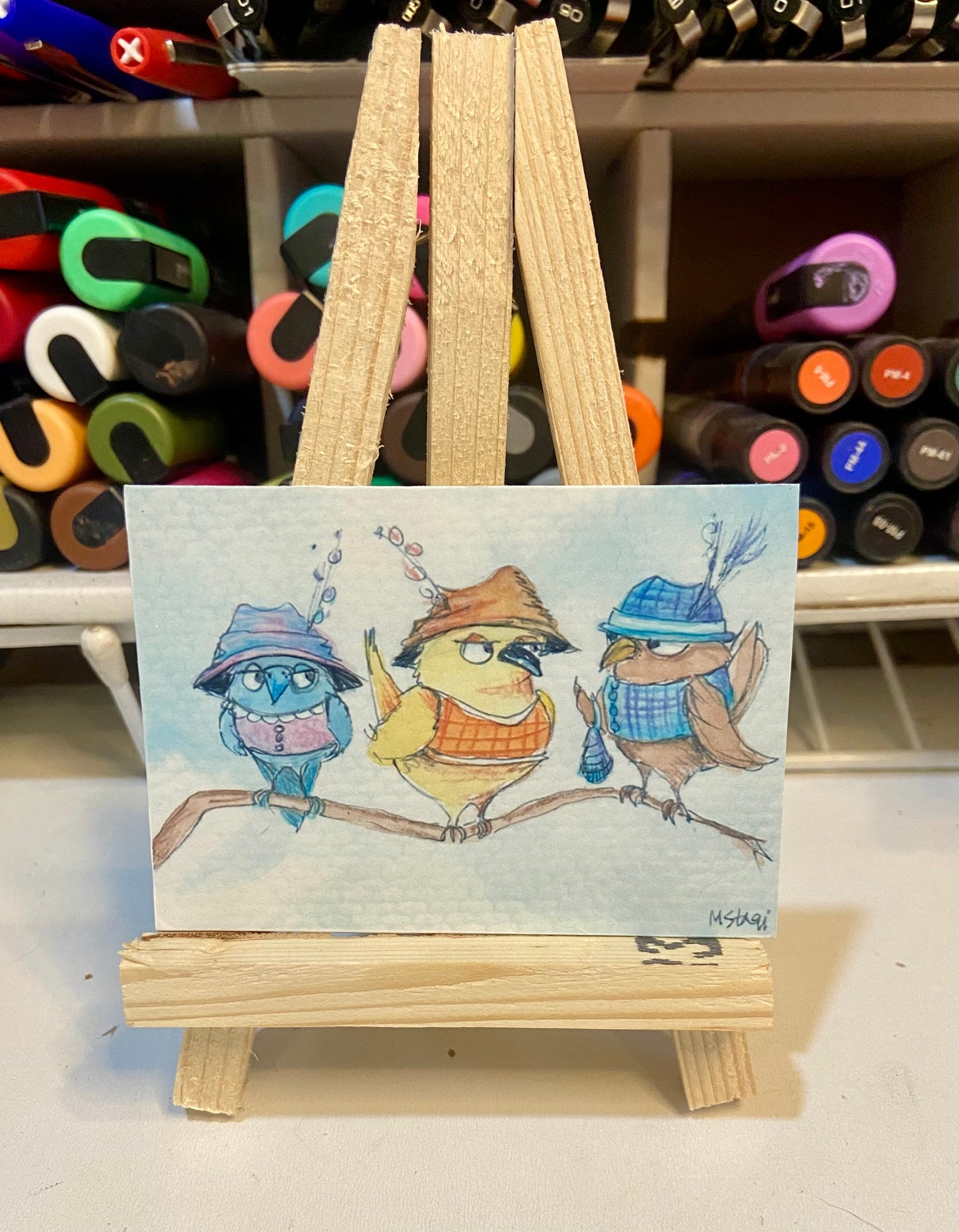 ACEO Limited Edition Print Watercolor Gossip Birds #2 2.5 x 3.5