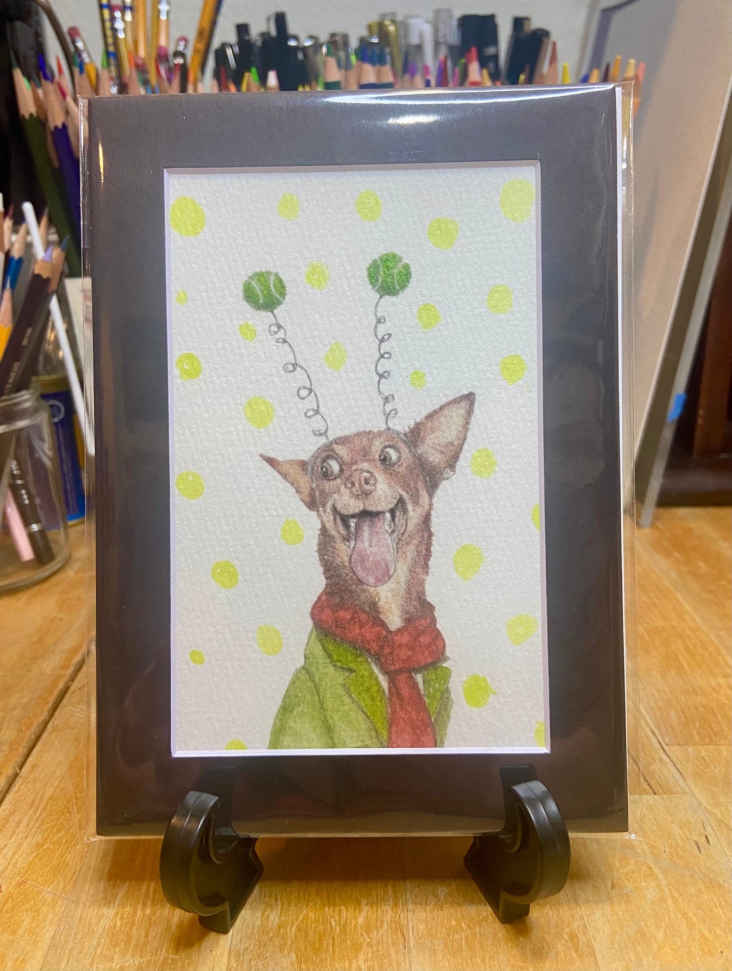Happy Dog embellished print, pet art, funny dog decor, dog owner, trendy dog art, handmade art