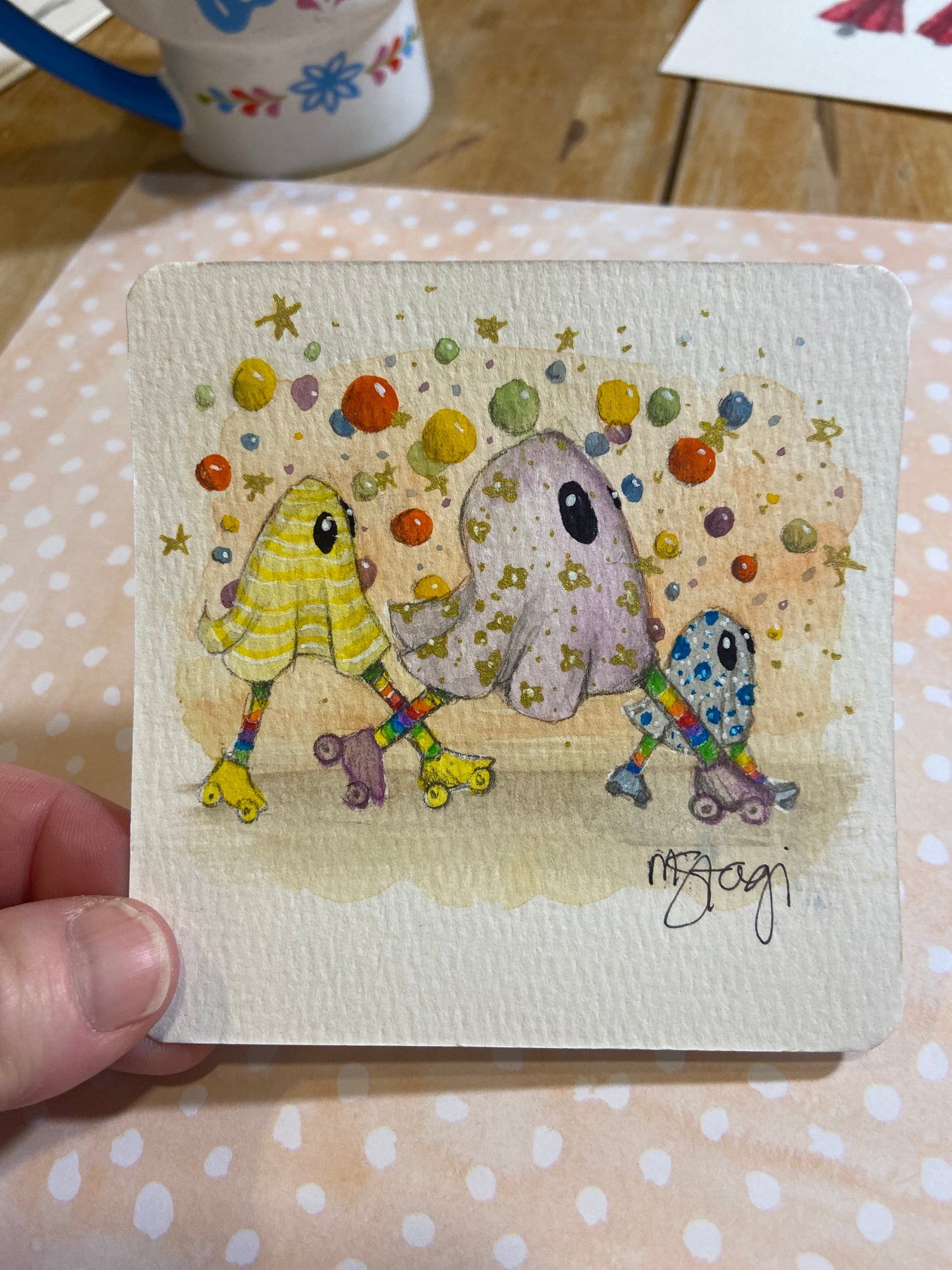 ORIGINAL Skate Ghost watercolor painting, Halloween Art, spooky season decor, Halloween decoration