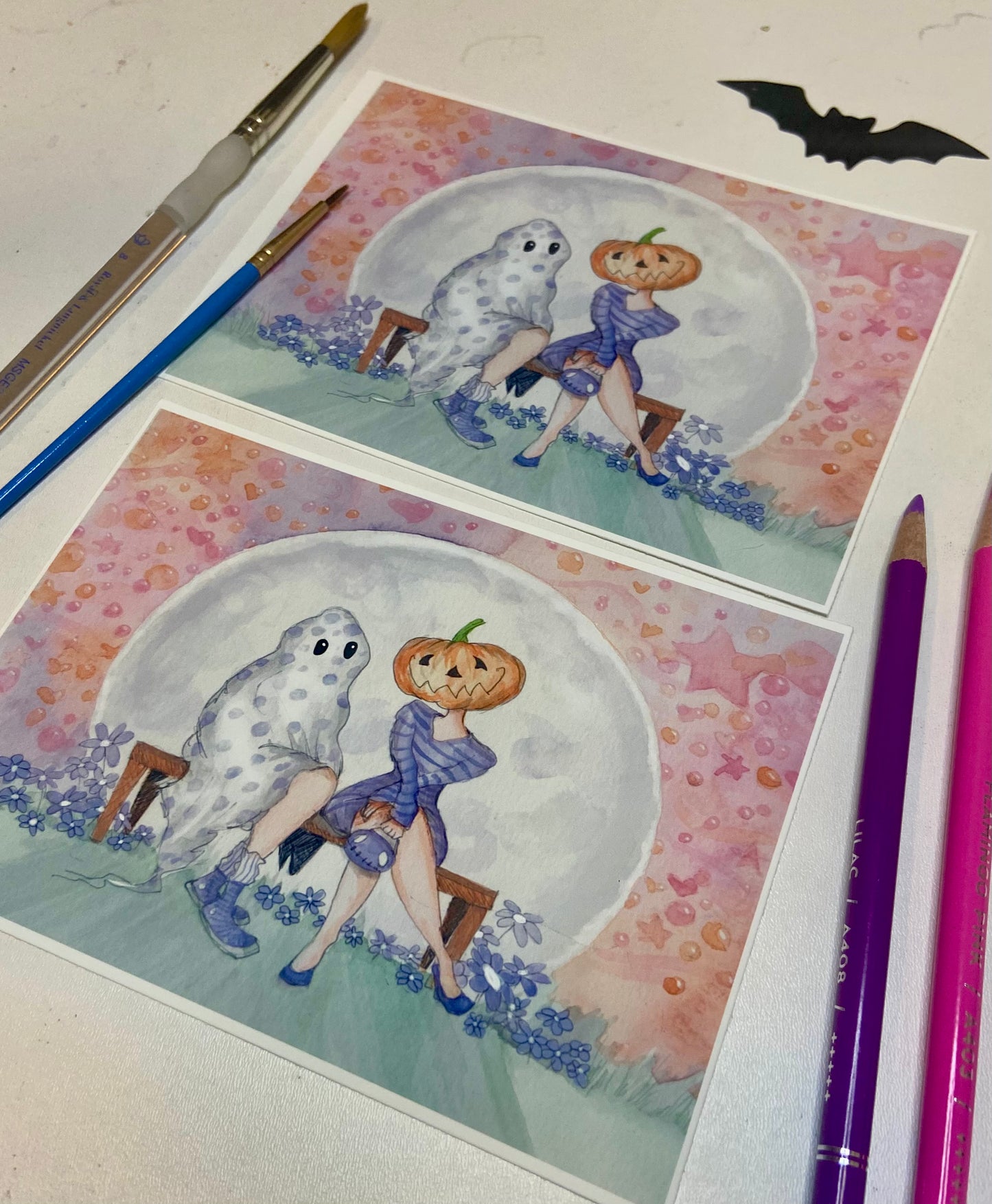 Moonlight Meet Cute Spooky Art Decor, Halloween Decor Witchy Friends