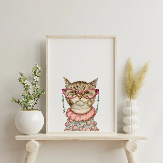 Cat print, Cat lover, Cat with Glasses Print
