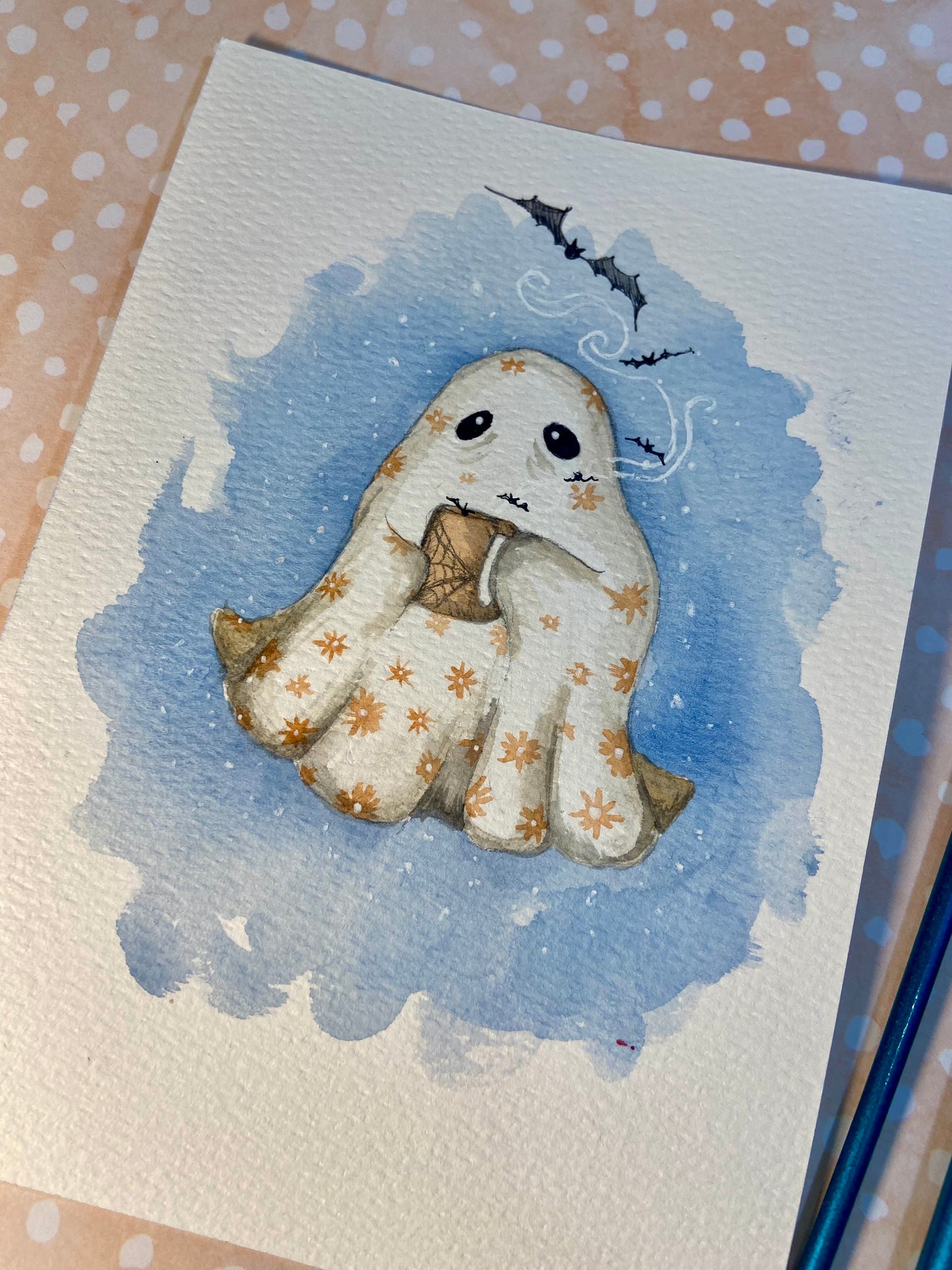 ORIGINAL Coffee Ghost watercolor painting, Halloween Art, spooky season decor, Halloween decoration coffee fans