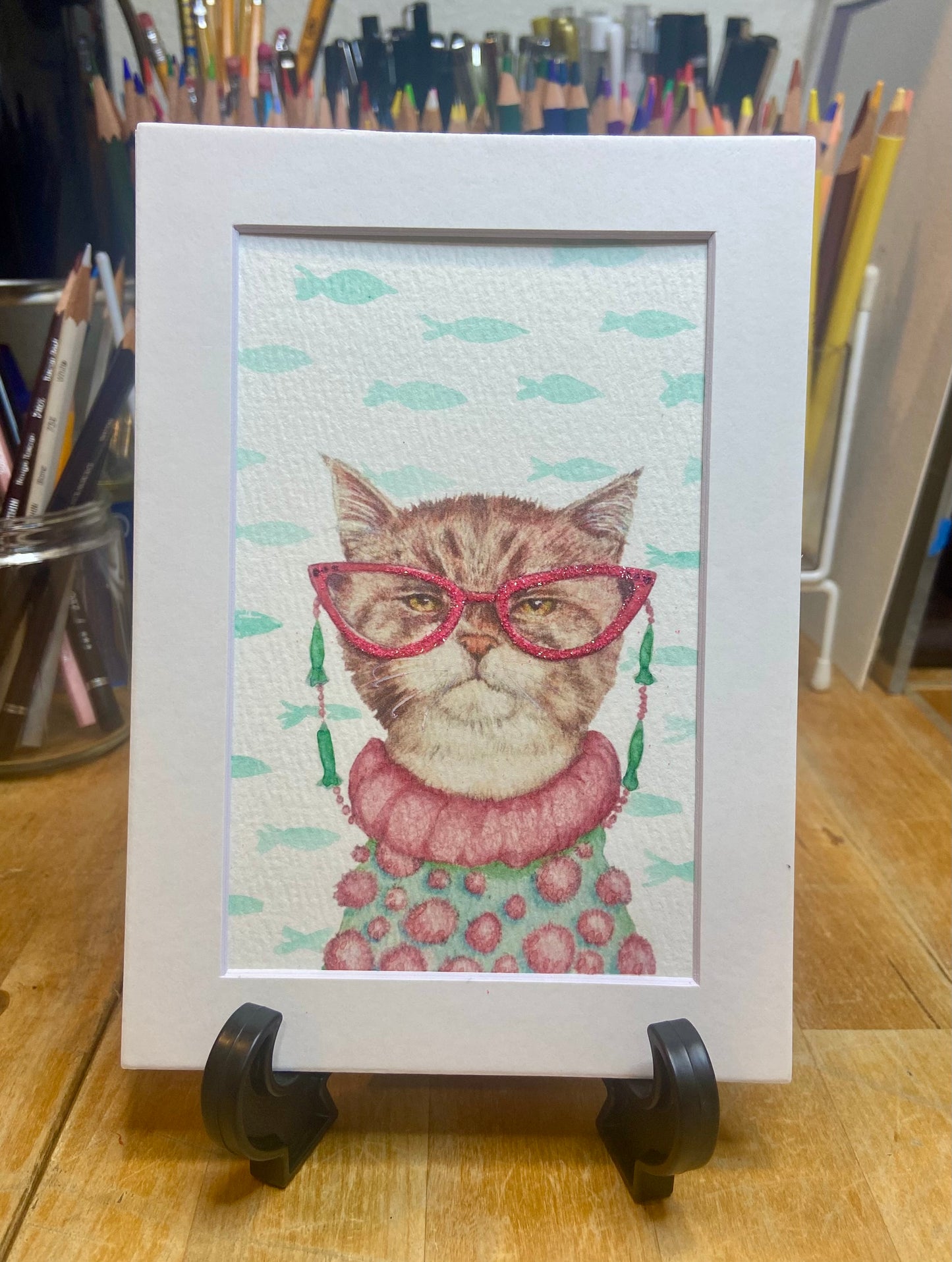 Cat Eyes embellished print, cat lover, feline art, cat art, cat with glasses