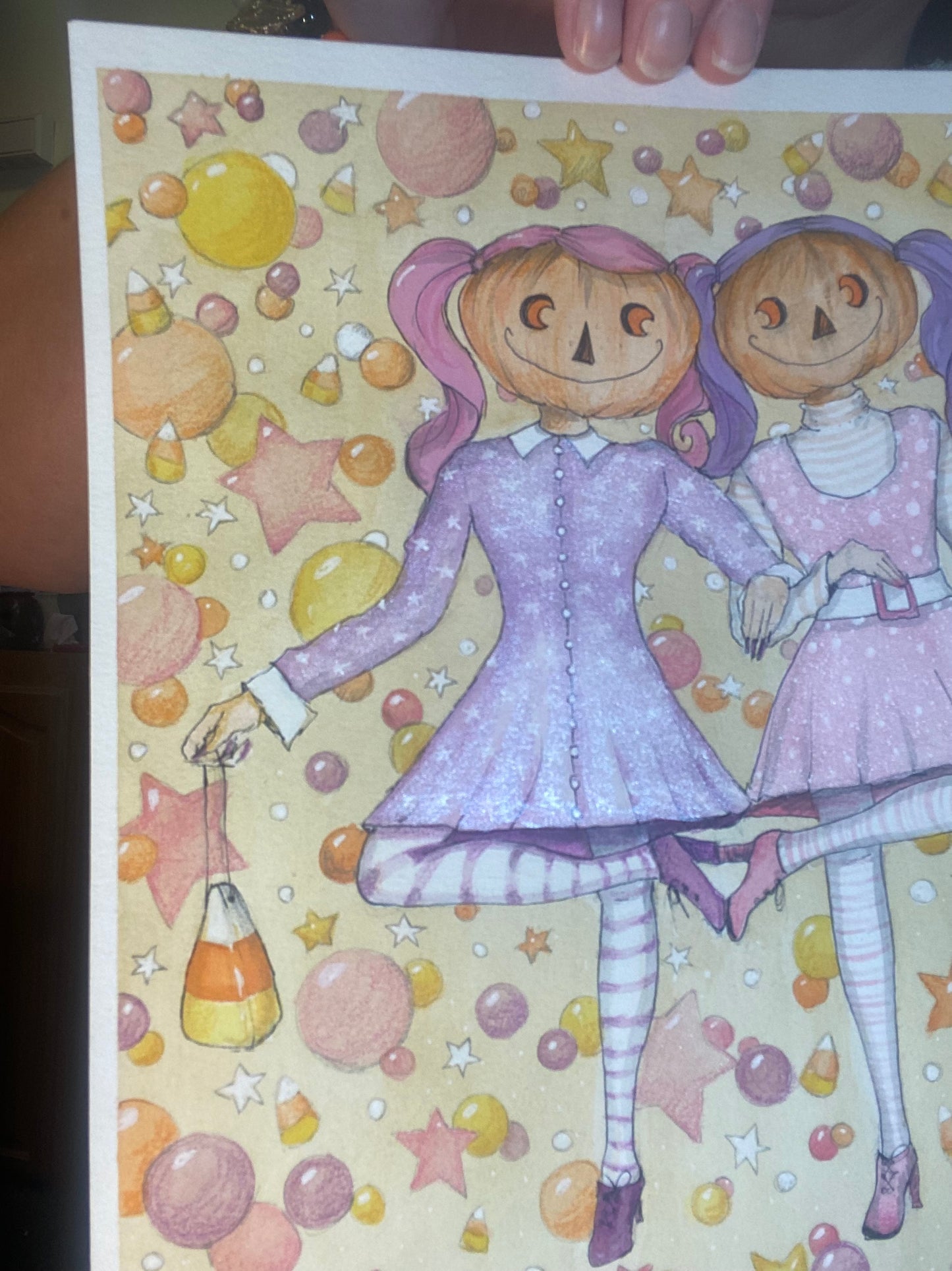 ORIGINAL Pumpkin Girls Watercolor Painting Vintage Spooky Halloween