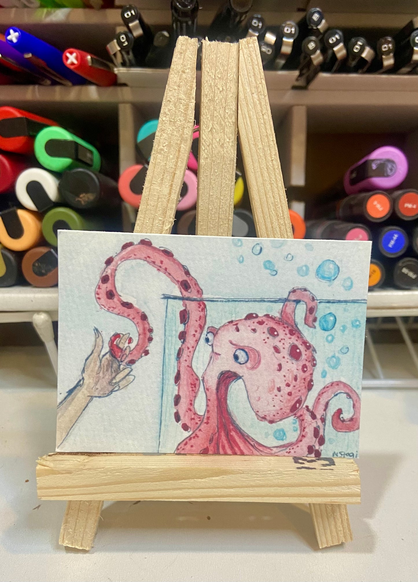 ACEO Limited Edition Print Watercolor Red Octopus 2.5 x 3.5