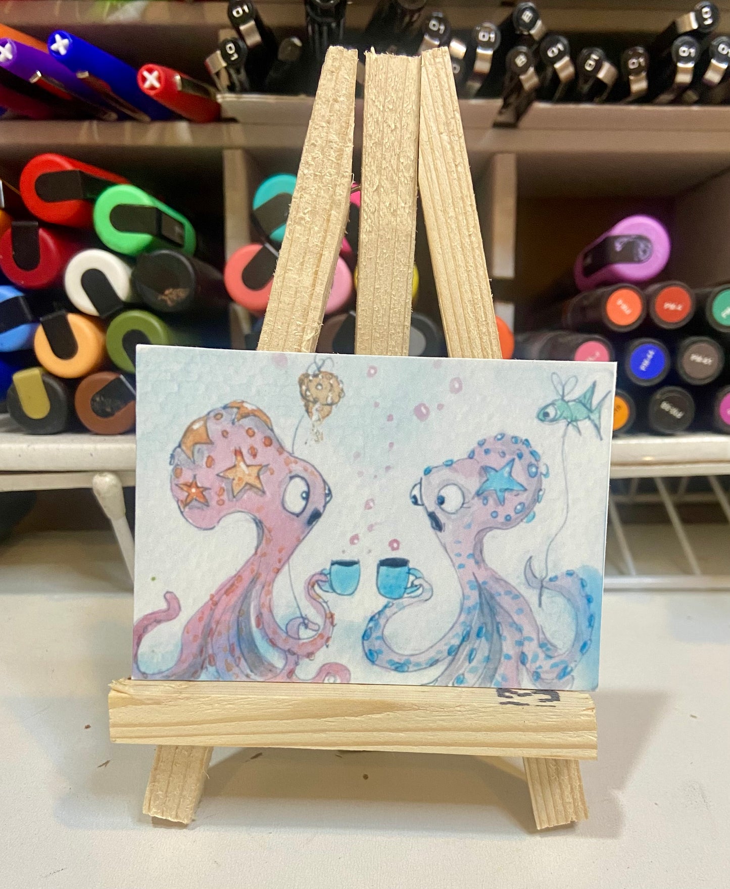 ACEO Limited Edition Print Watercolor Gossip Octopus 2.5 x 3.5
