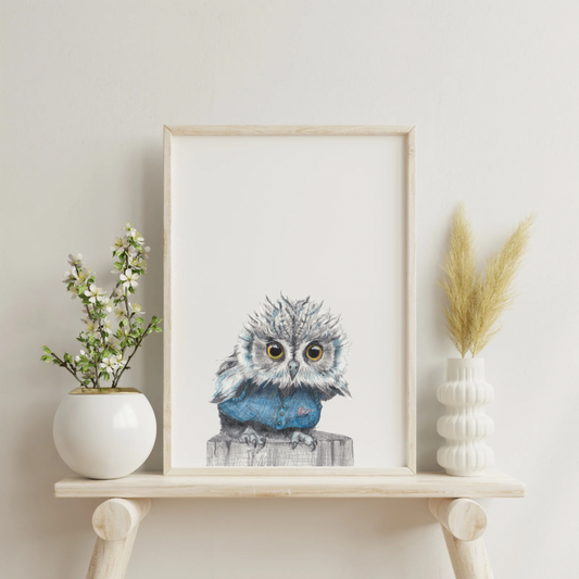 Owl Art Print, owl artwork, owlet in sweater vest print