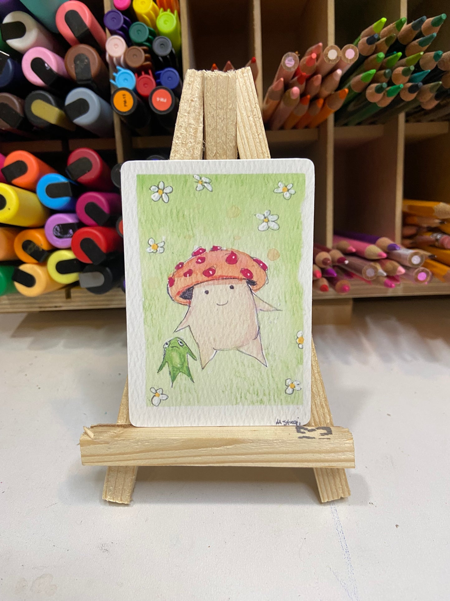 ACEO Limited Edition Print Watercolor Mushroom Painter Laying in Grass #2 2.5 x 3.5