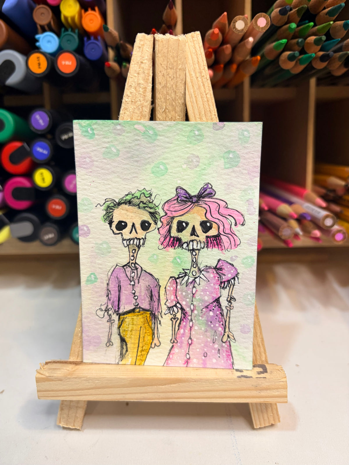 ACEO Limited Edition Print Watercolor Halloween Zombie Couple 2.5 x 3.5