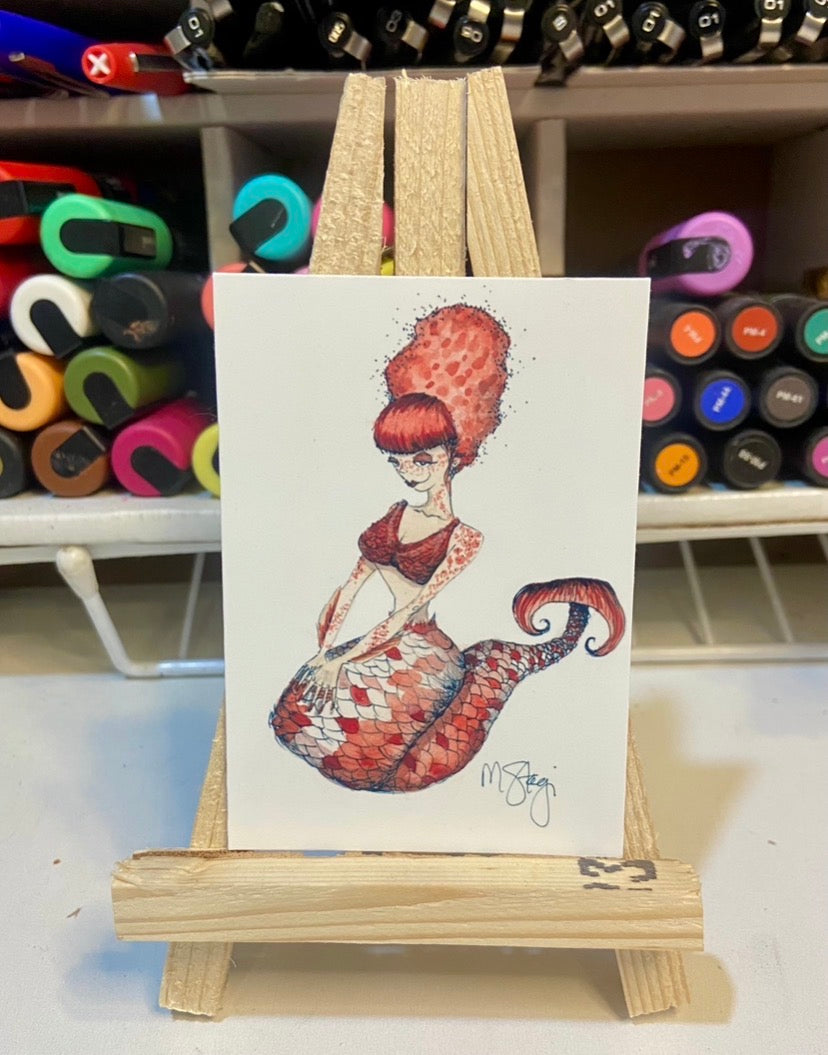 ACEO Limited Edition Print Watercolor Orange Mermaid 2.5 x 3.5
