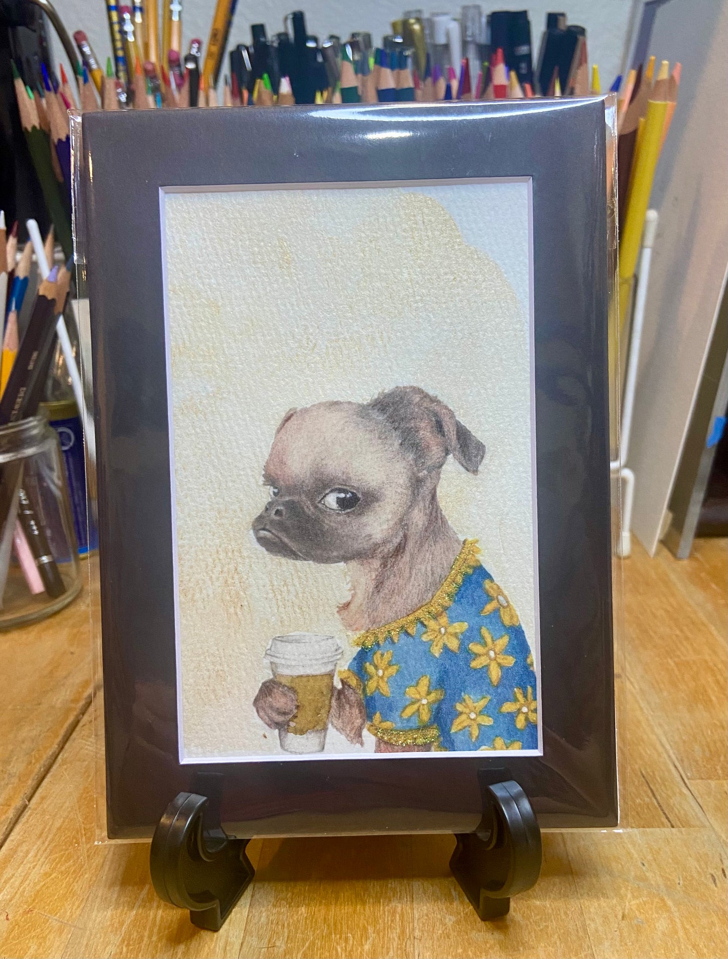 Coffee Dog embellished print, funny dog, dog decor, dog owner, trendy dog art, handmade art