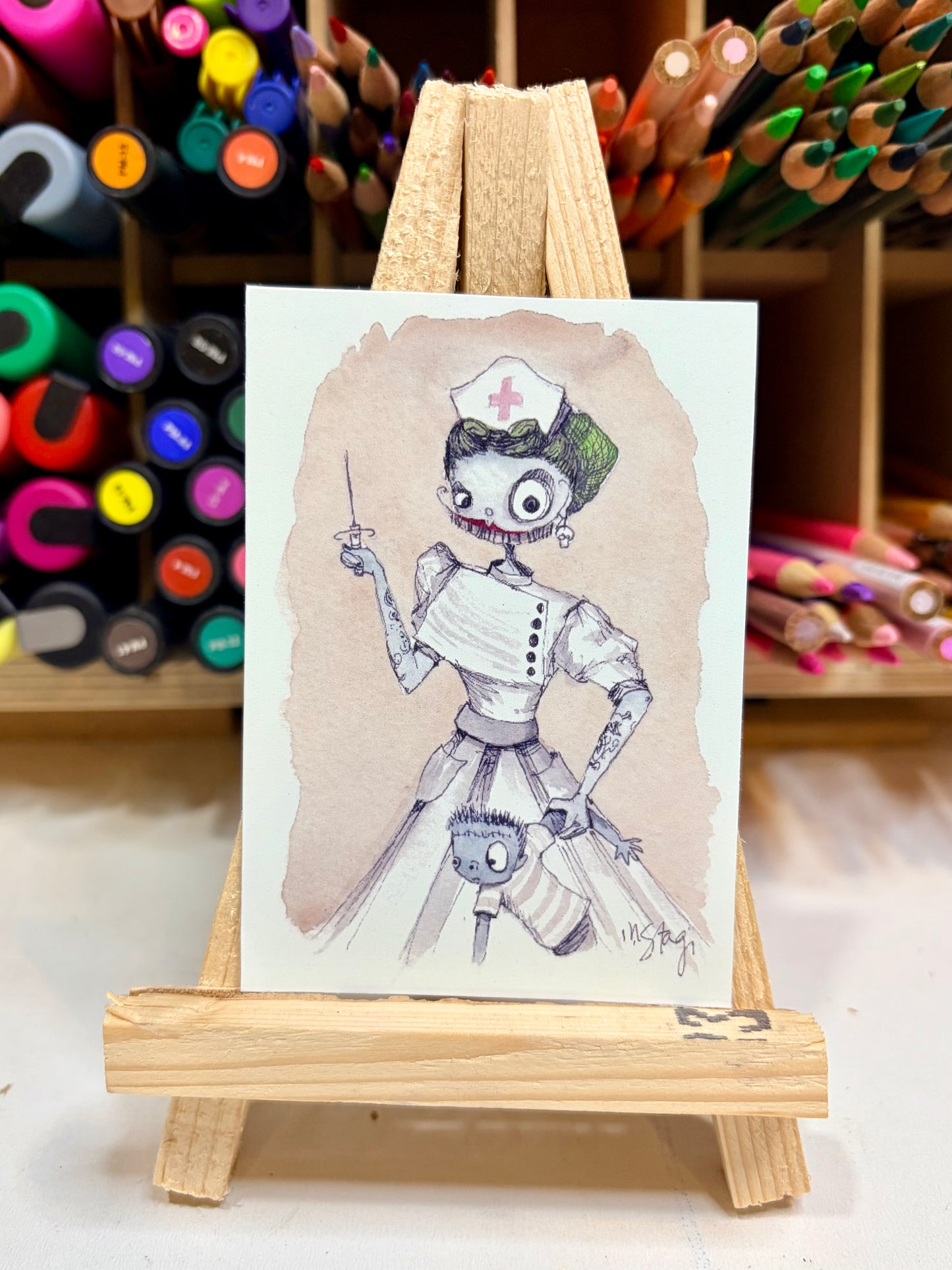 ACEO Limited Edition Print Watercolor Halloween Nurse Violet 2.5 x 3.5