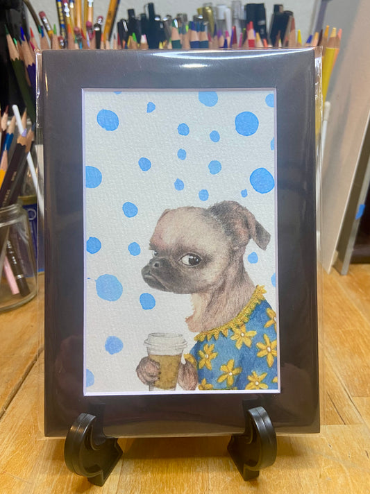 Coffee Dog embellished print, funny dog, dog decor, dog owner, trendy dog art, handmade art