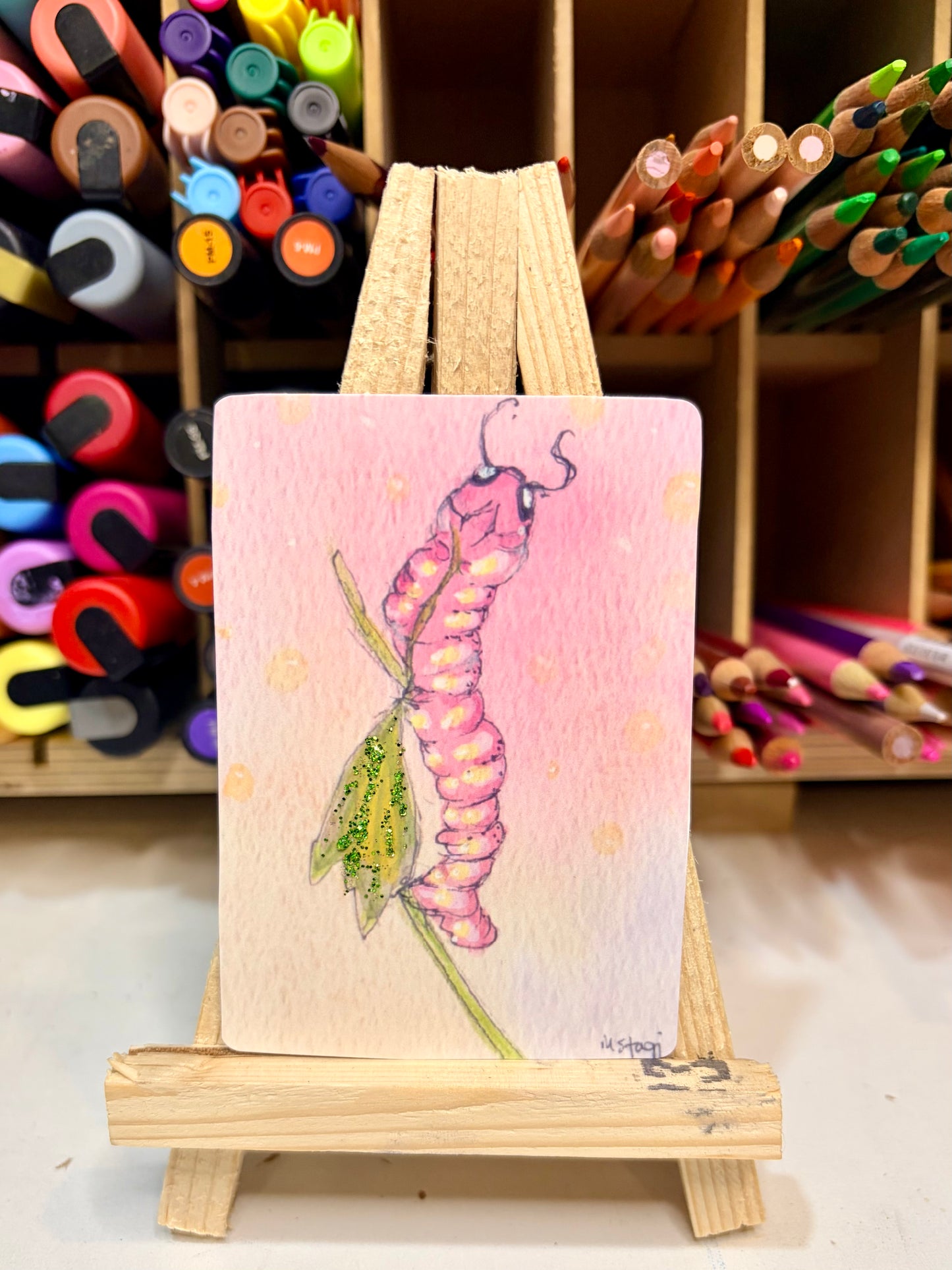ACEO Limited Edition Print Watercolor Pink Caterpillar 2.5 x 3.5