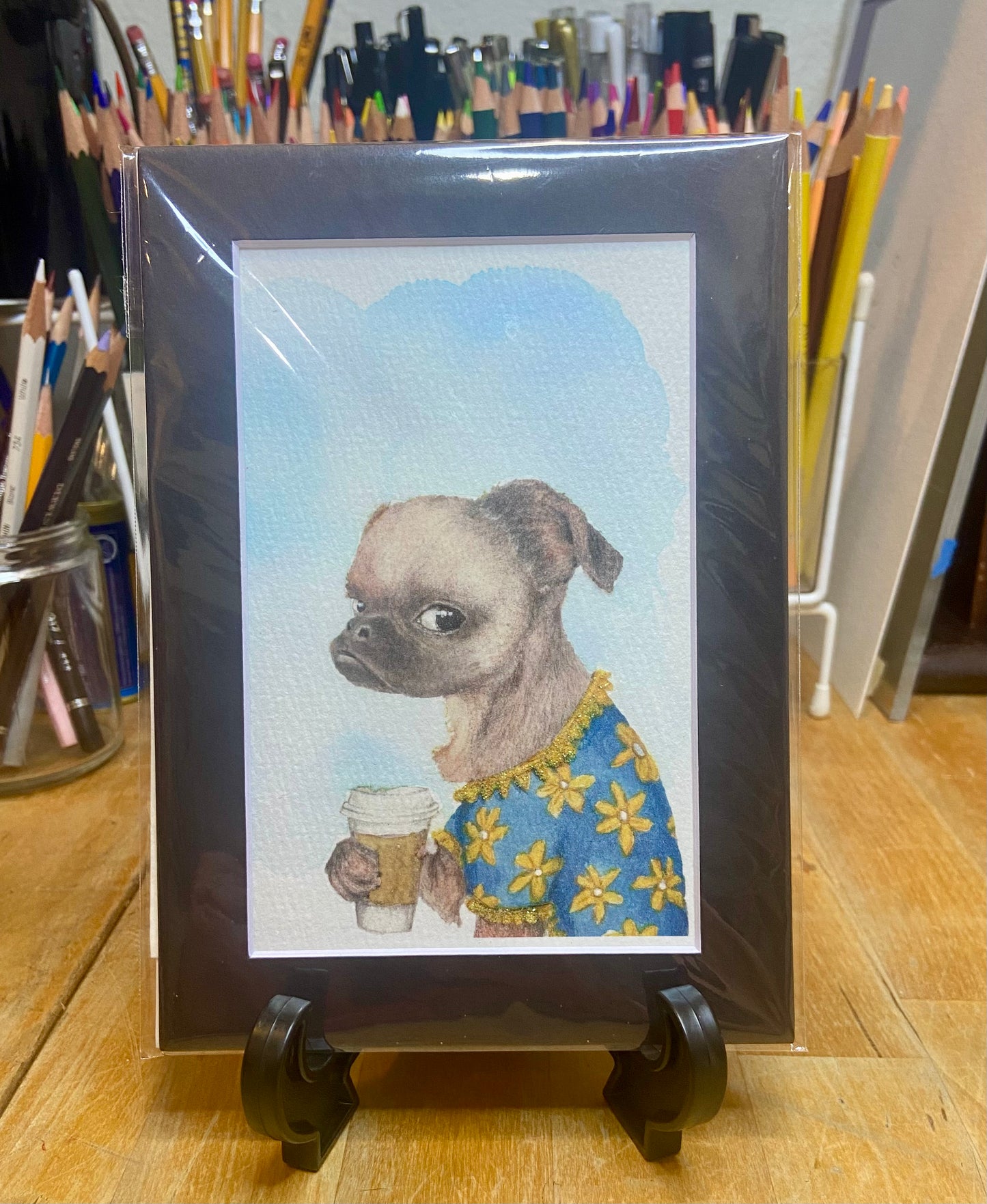 Coffee Dog embellished print, funny dog, dog decor, dog owner, trendy dog art, handmade art
