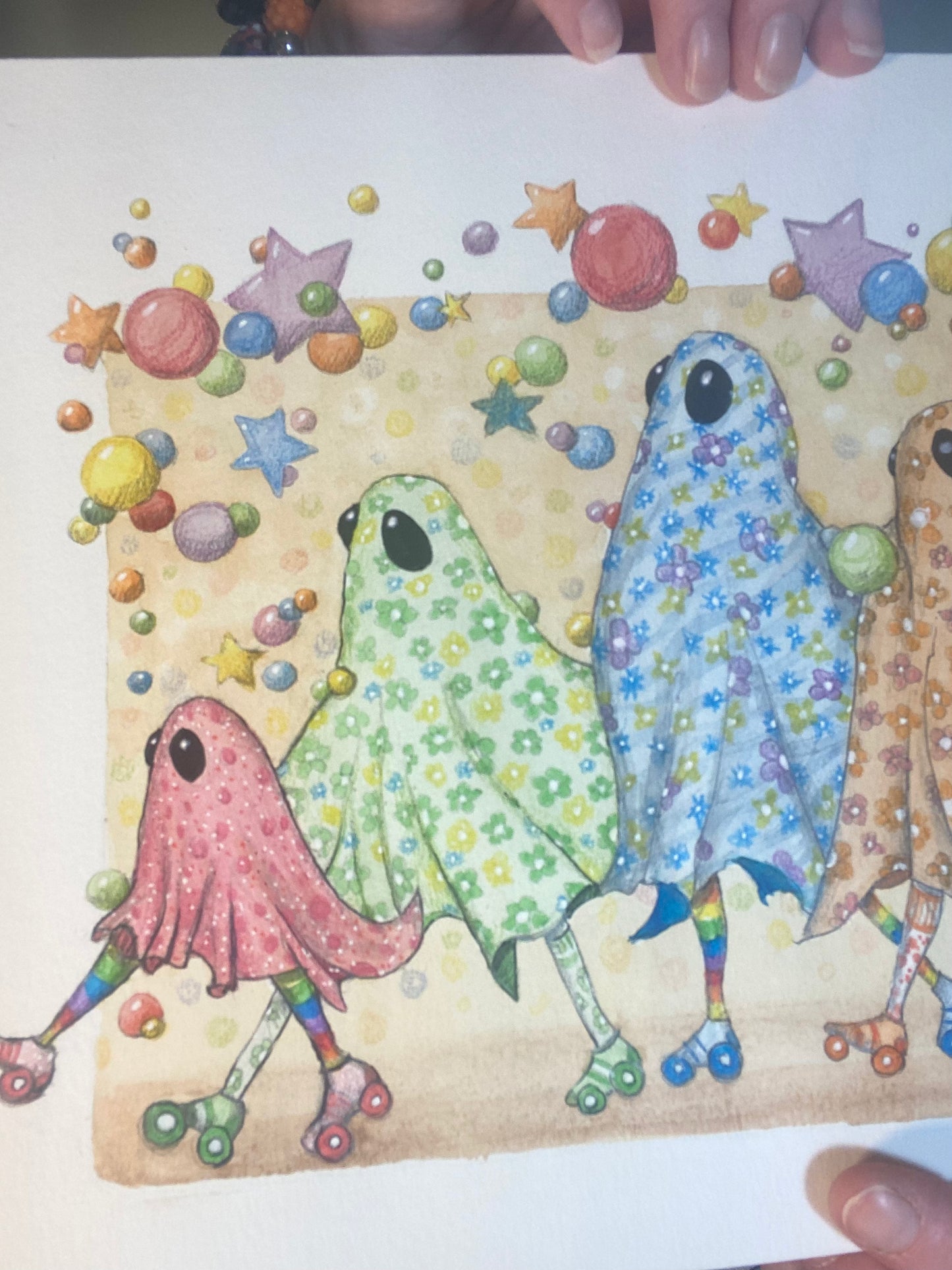 ORIGINAL Skate Ghost Watercolor Painting Spooky, Vintage Halloween Art