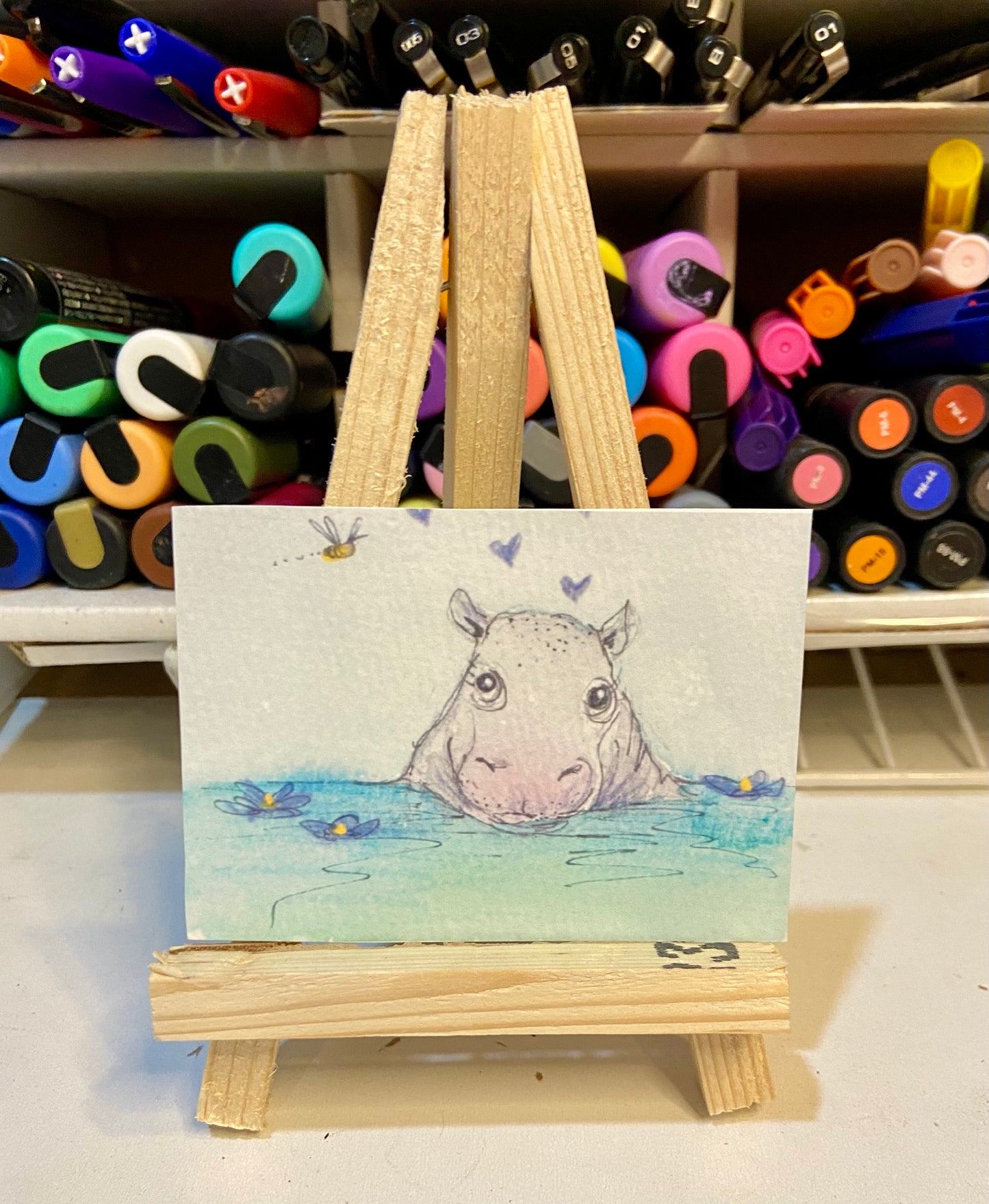 ACEO Limited Edition Print Watercolor Hippo Love 2.5 x 3.5