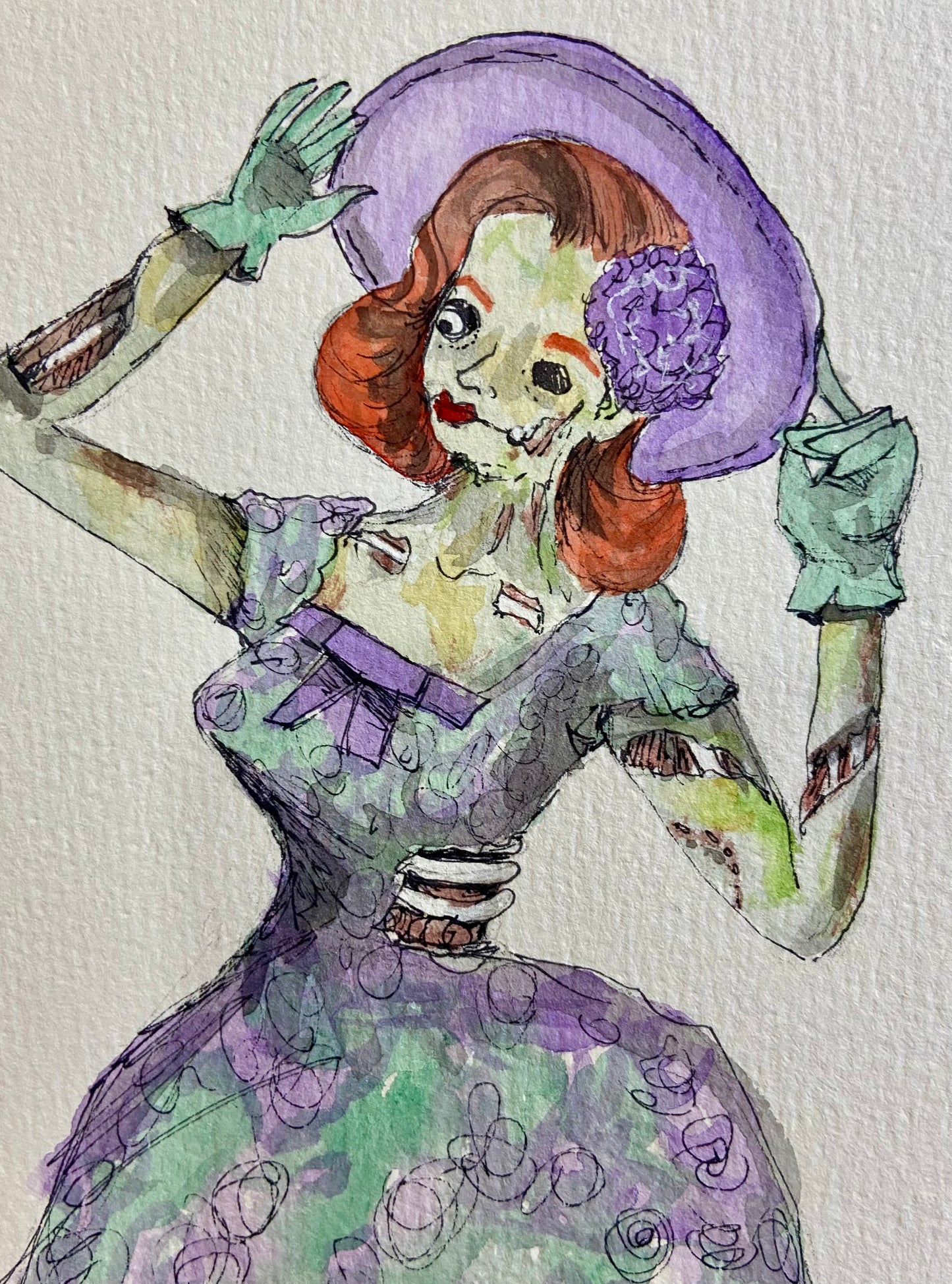 Zombie Tea Party Dress Painting, Halloween art, Spooky decor,