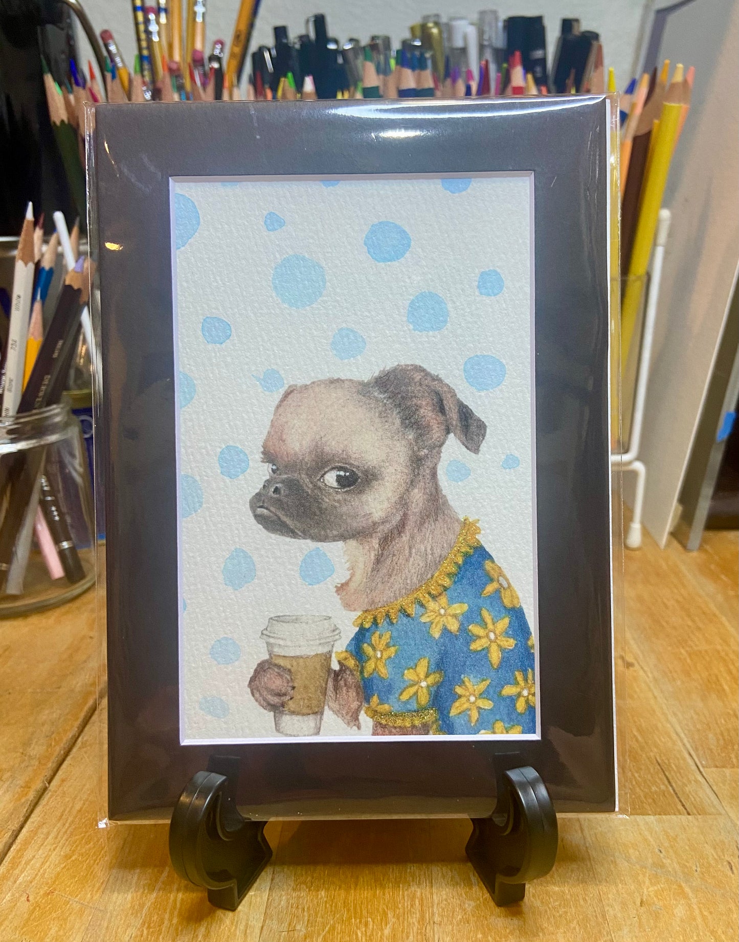 Coffee Dog embellished print, funny dog, dog decor, dog owner, trendy dog art, handmade art
