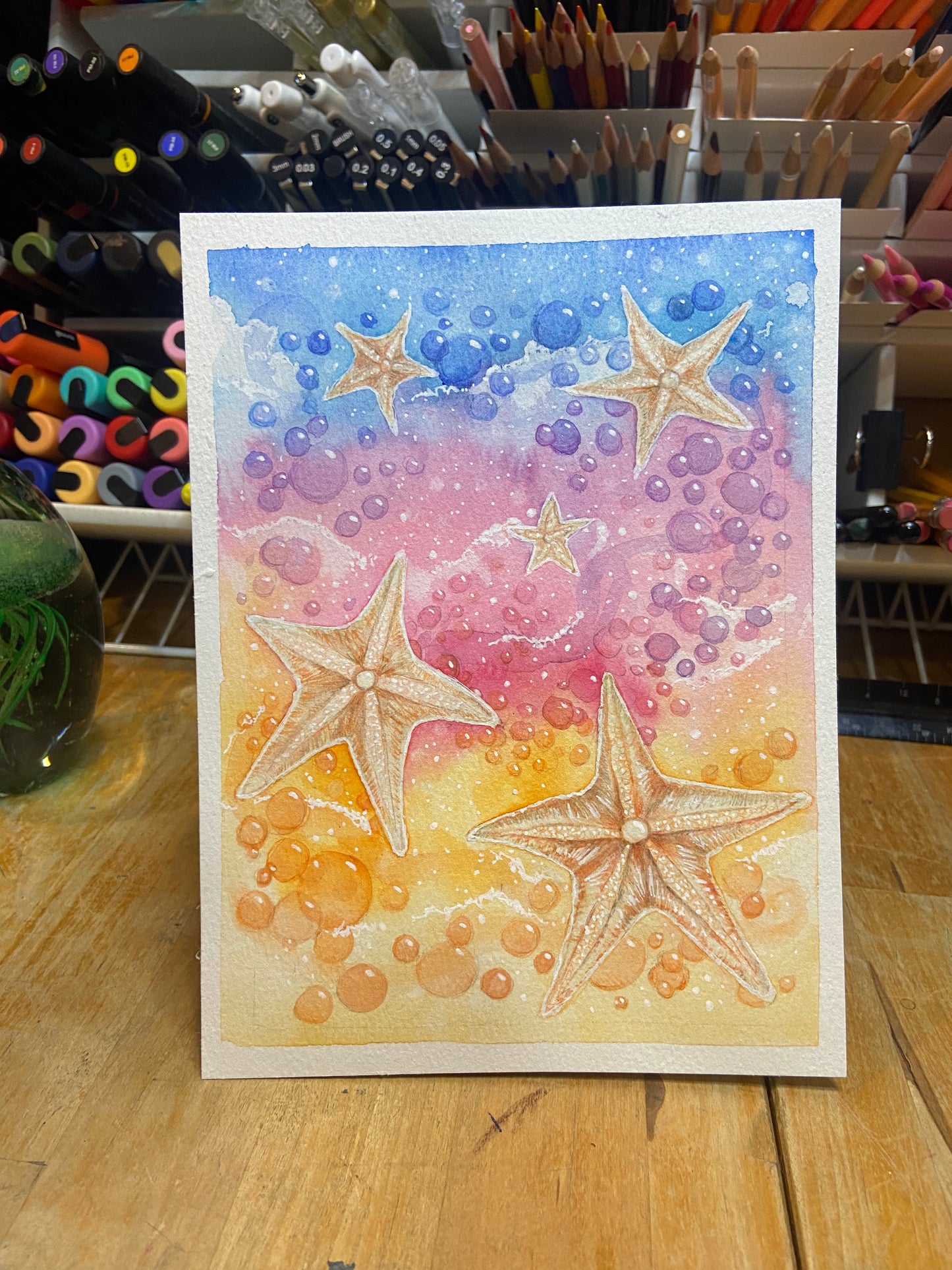 Starfish Daydream Original Watercolor Painting, Starfish Decor, Ocean life, bubbles, rainbow colors