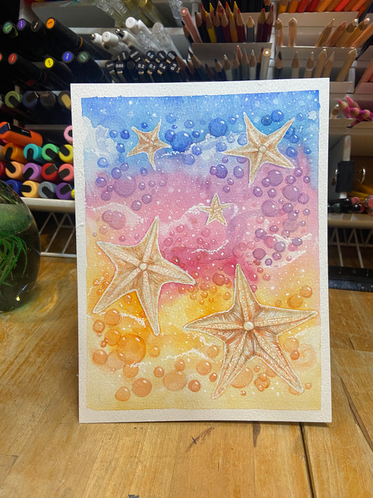 Starfish Daydream Original Watercolor Painting, Starfish Decor, Ocean life, bubbles, rainbow colors