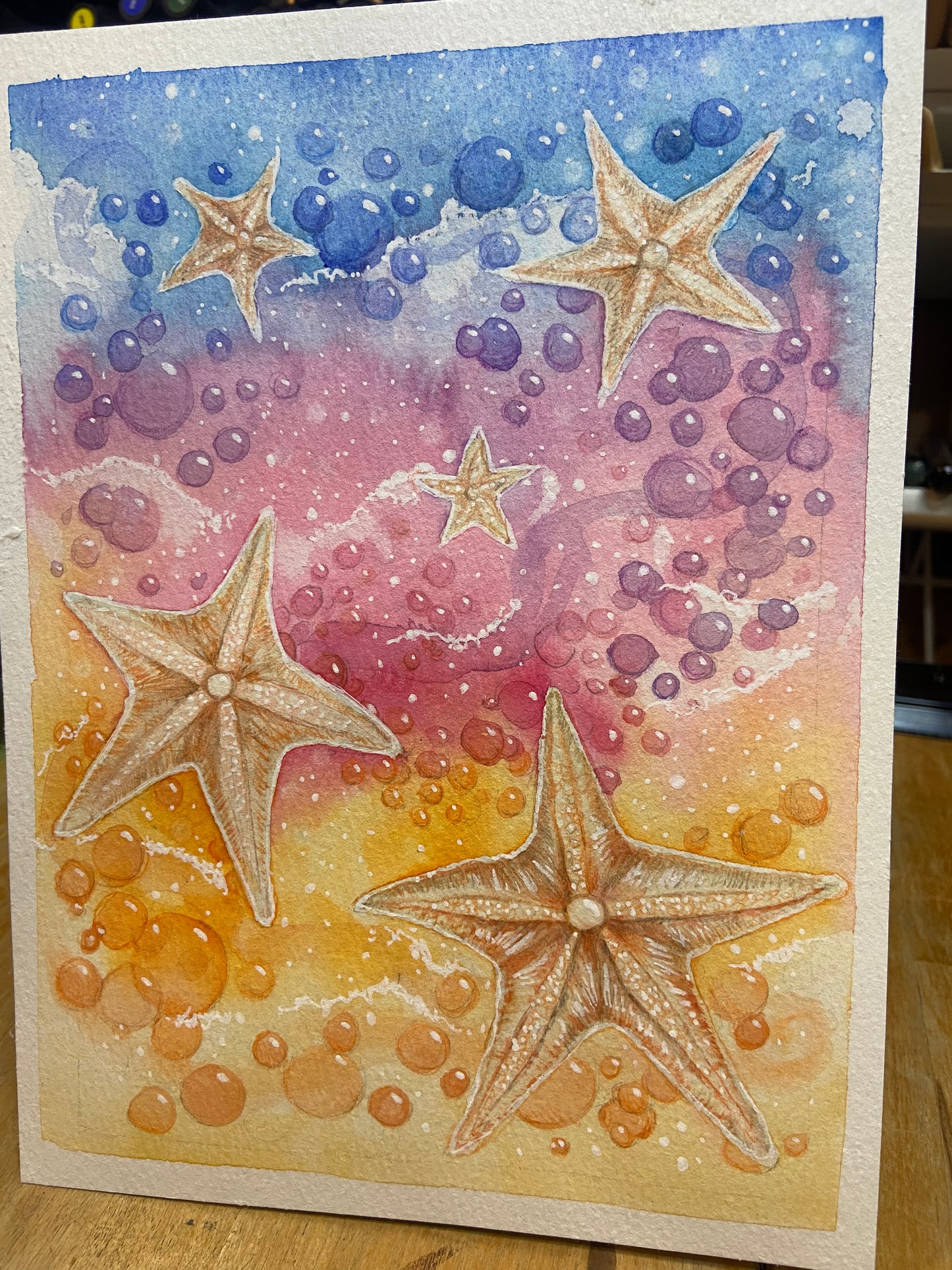 Starfish Daydream Original Watercolor Painting, Starfish Decor, Ocean life, bubbles, rainbow colors