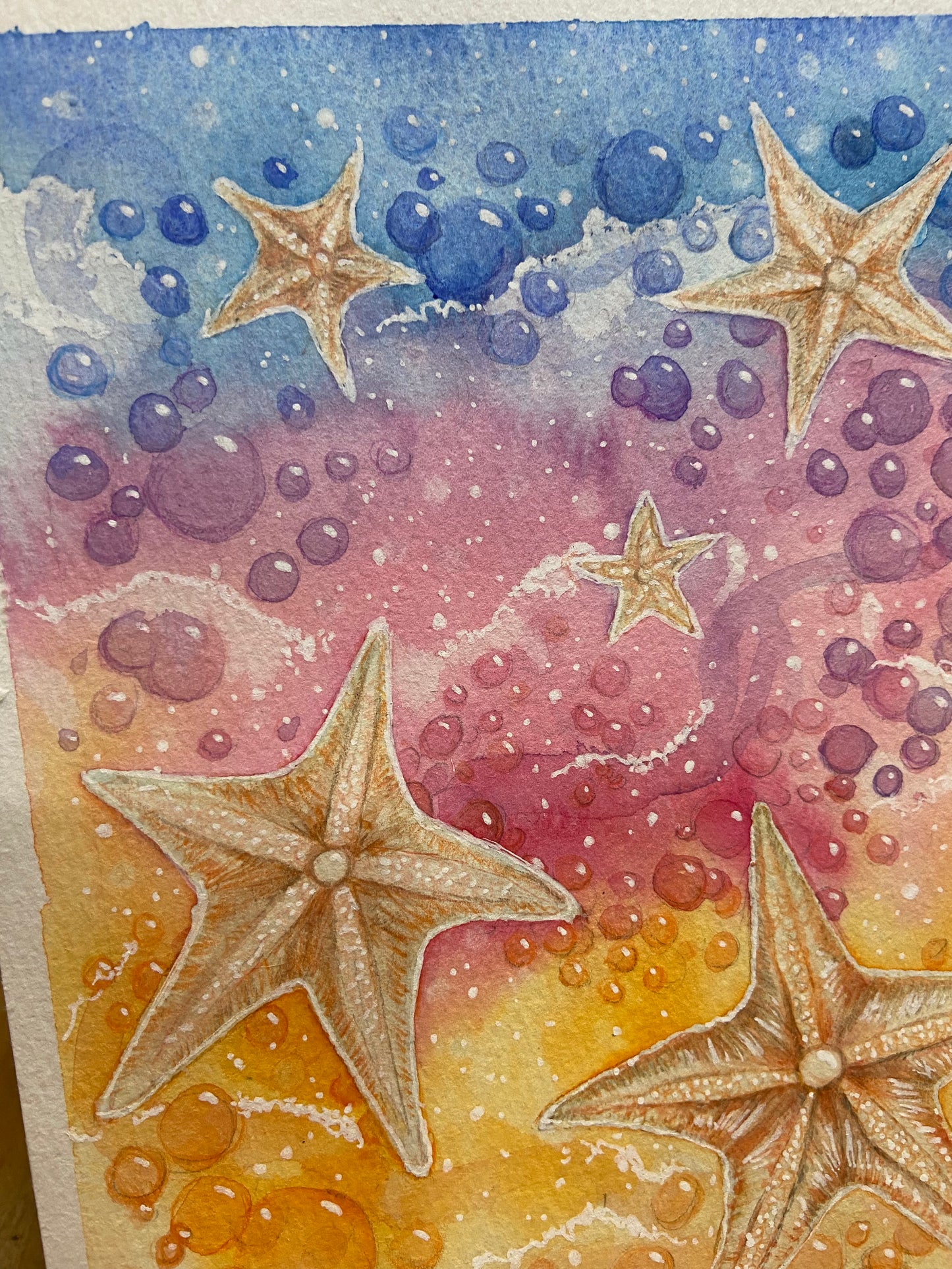 Starfish Daydream Original Watercolor Painting, Starfish Decor, Ocean life, bubbles, rainbow colors