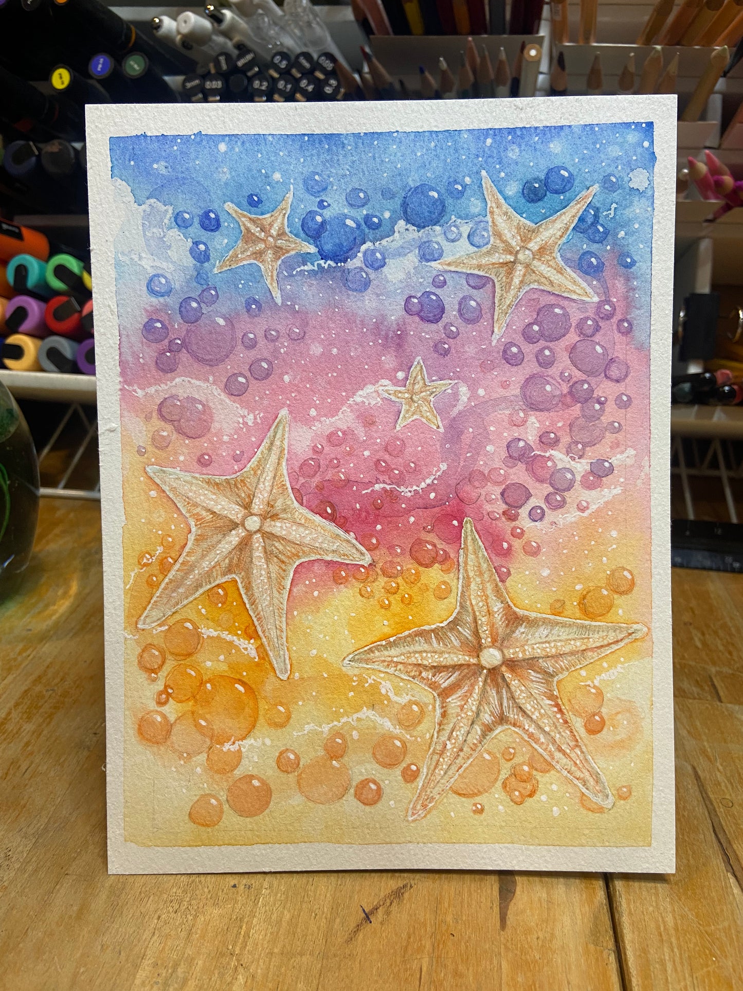 Starfish Daydream Original Watercolor Painting, Starfish Decor, Ocean life, bubbles, rainbow colors