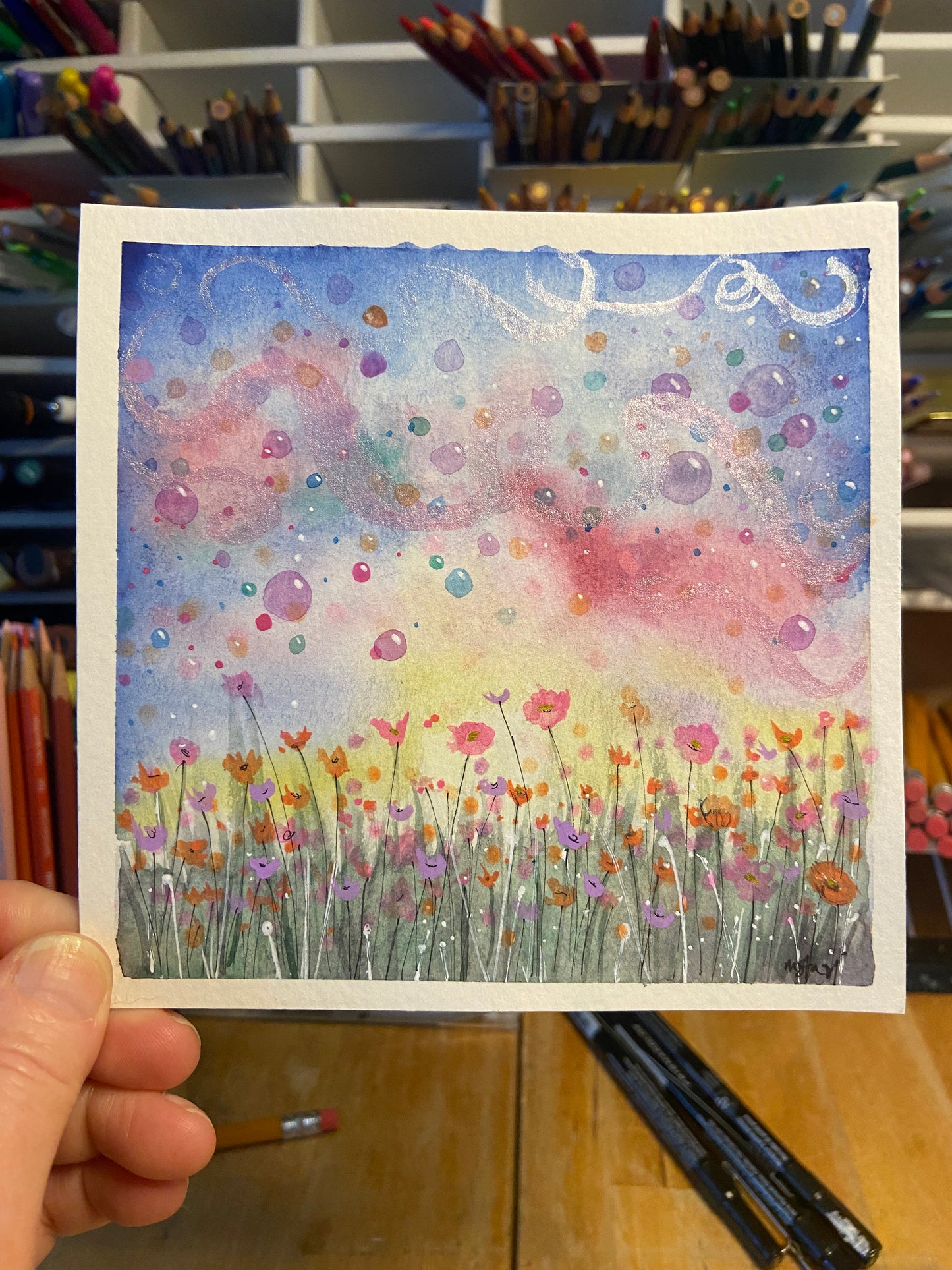 ORIGINAL Watercolor Painting, Swirly Flower Decor, Painting, Sunset Colors, House Decor