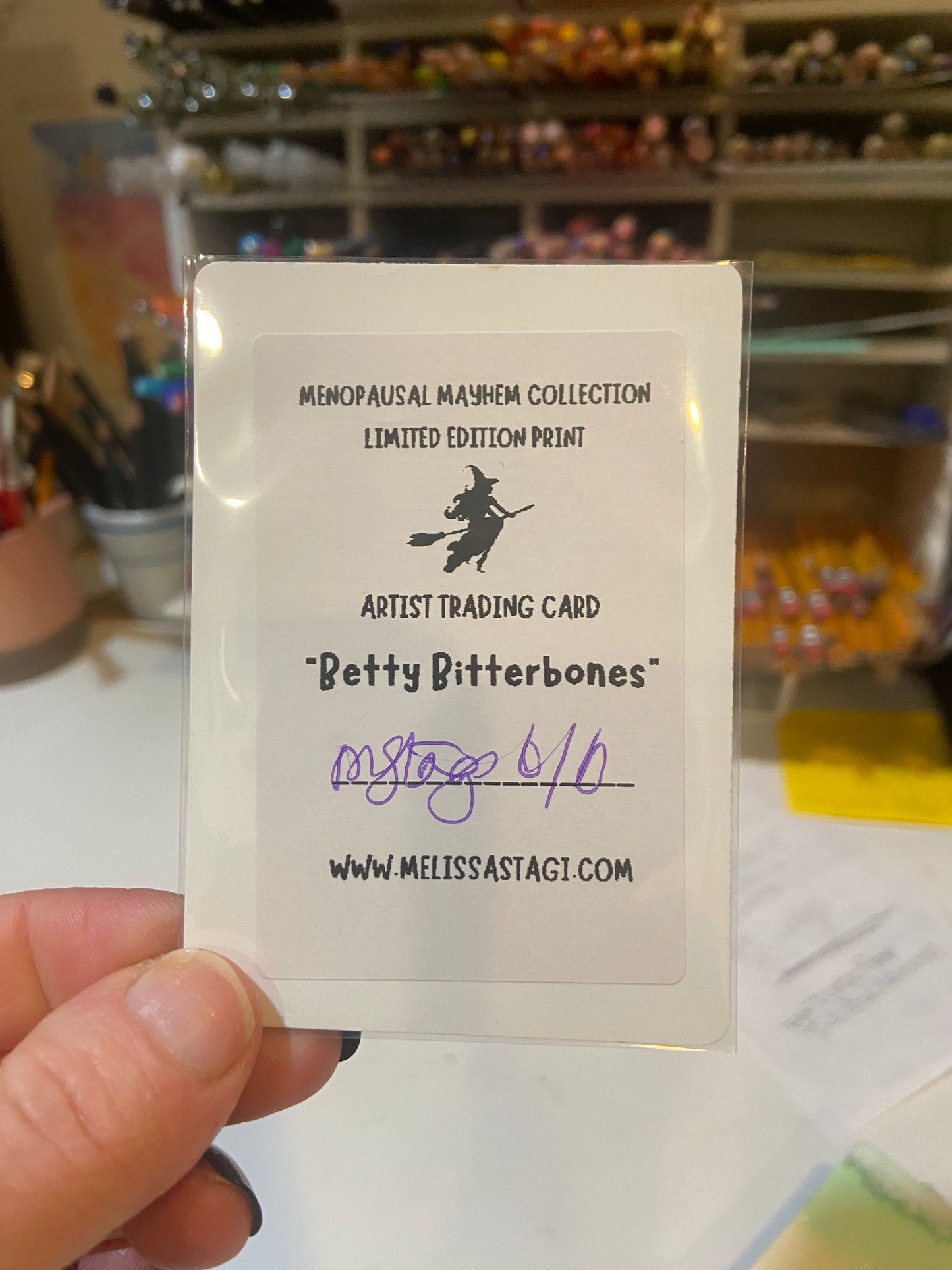 ACEO ORIGINAL WATERCOLOR PRINT, LIMITED EDITION, BETTY BITTERBONES, MENOPAUSE MAYHEM ART, ARTIST TRADING CARD