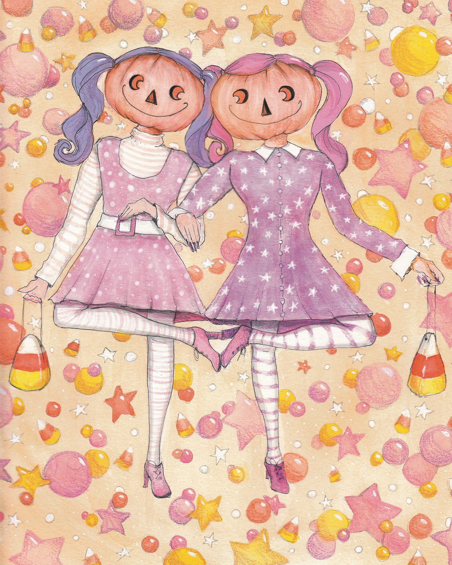 Pumpkin Girls Prints Spooky Art Decor, Halloween Decor Witchy Friends, Decor Vintage Halloween Painting Vintage Witch Wall Art