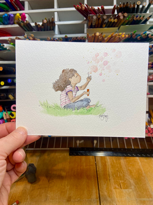Outside Bubbles Watercolor Original Art, Blowing bubbles, whimsical art