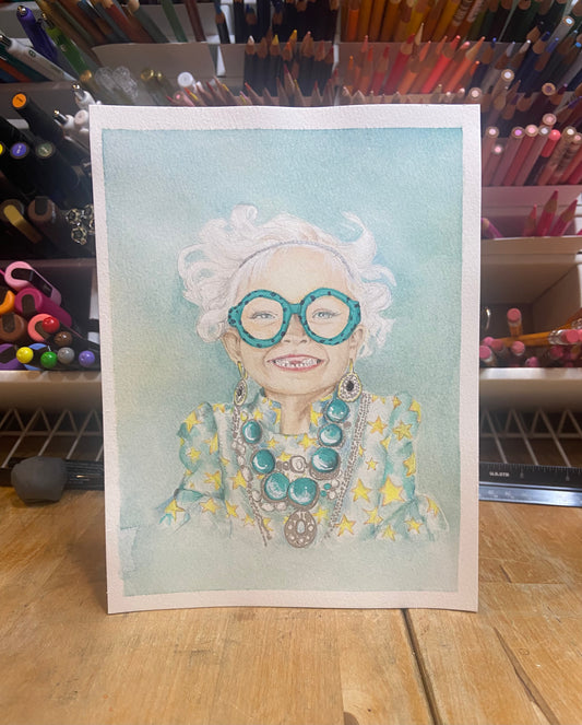 Whimsical Star Girl Portrait – White Blonde Hair & Glasses Cozy Bookish Watercolor Painting
