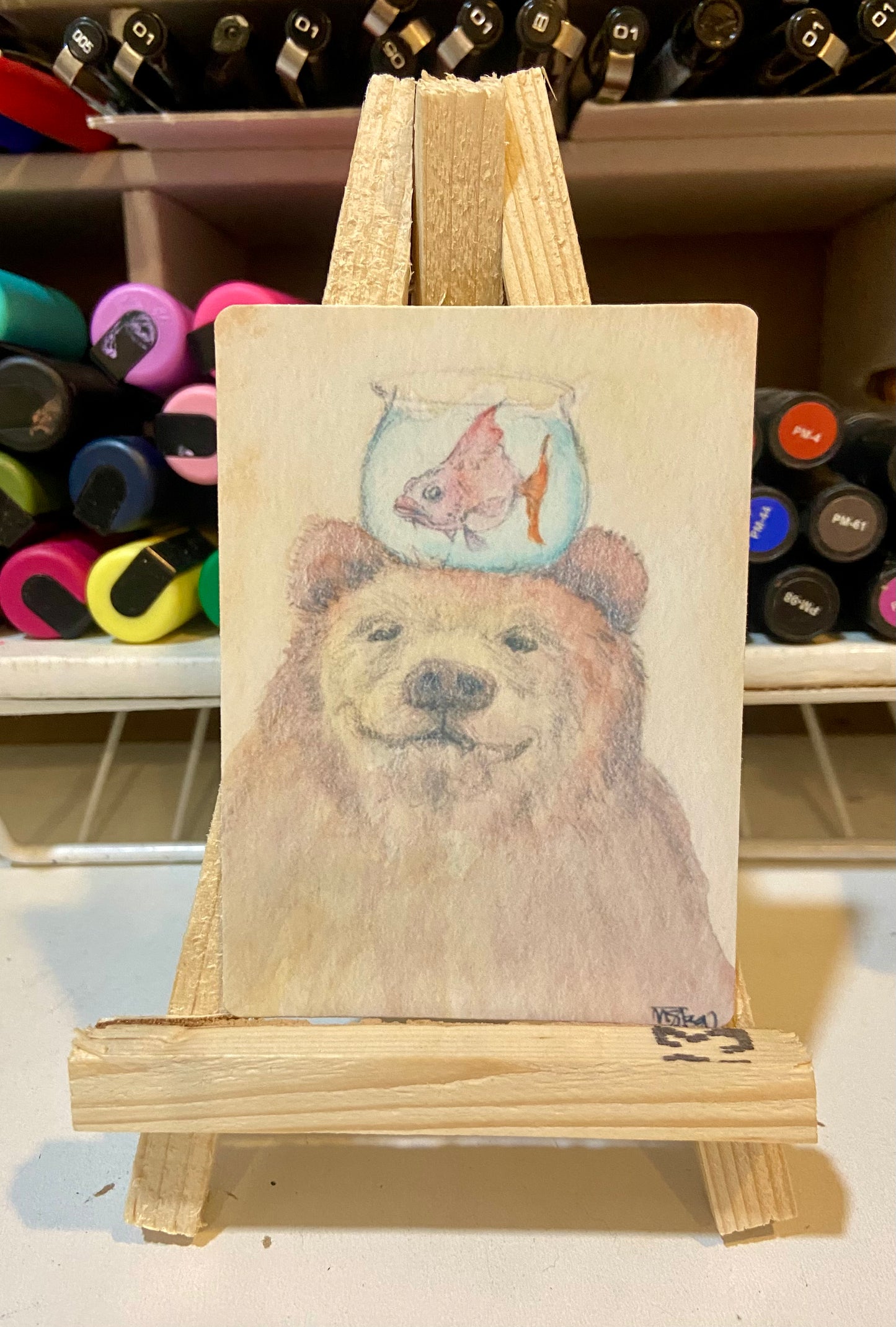 ACEO Limited Edition Print Watercolor Bear With Fishbowl 2.5 x 3.5