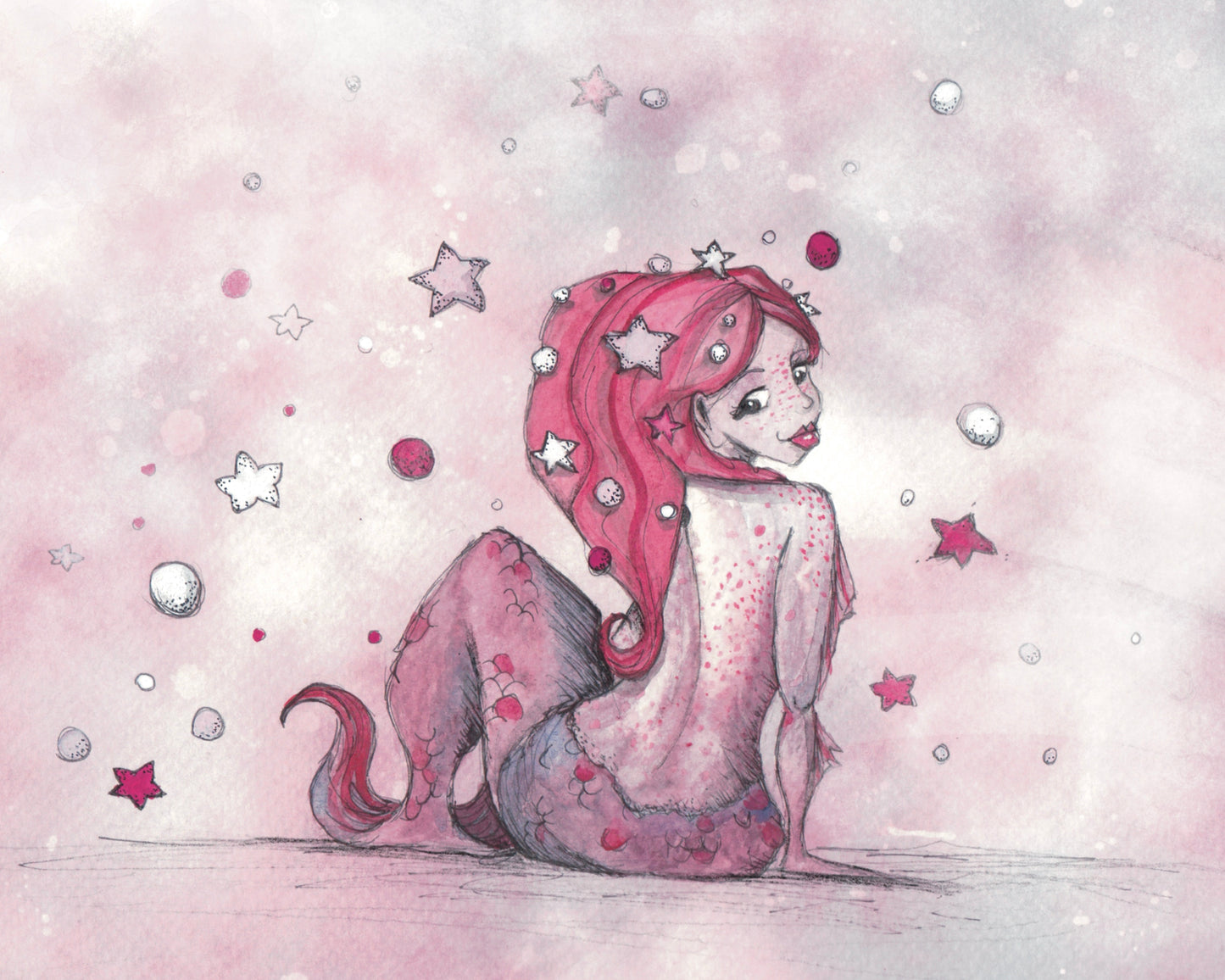 Stars Mermaid Watercolor Painting Print, nautical coastal decor, mermaid wall art, fantasy mermaid art