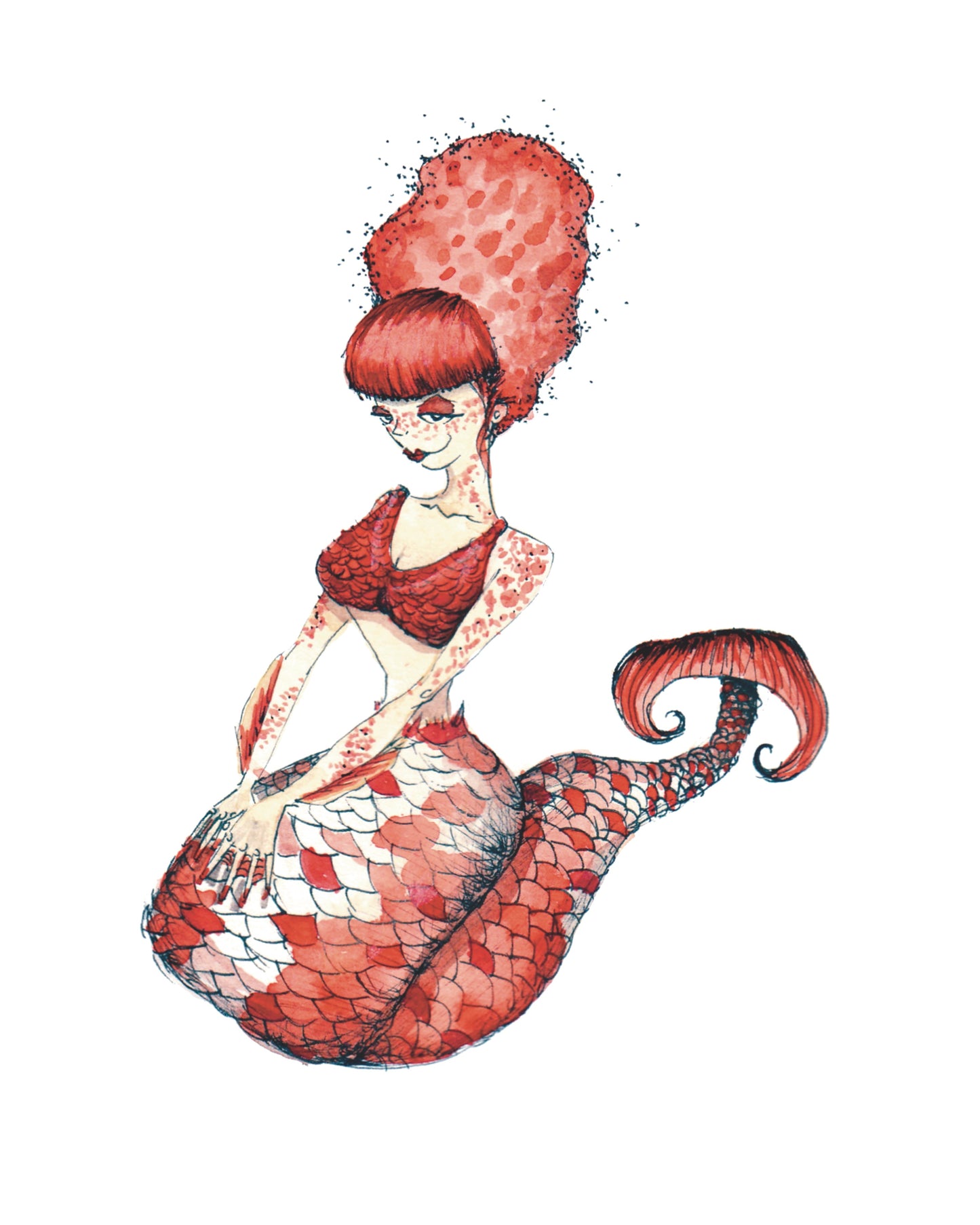 Sunset Orange Mermaid Watercolor Painting Print, nautical coastal decor, mermaid wall art, fantasy mermaid art