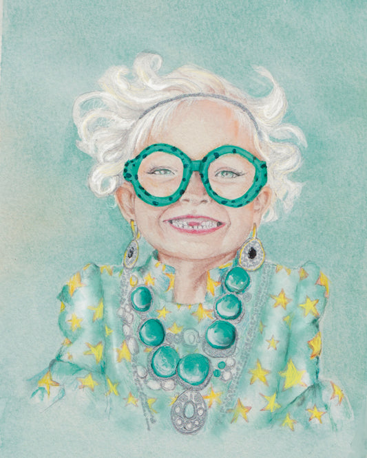 Whimsical Star Girl Portrait – White Blonde Hair & Glasses Cozy Bookish Wall Art Print Watercolor Painting Print