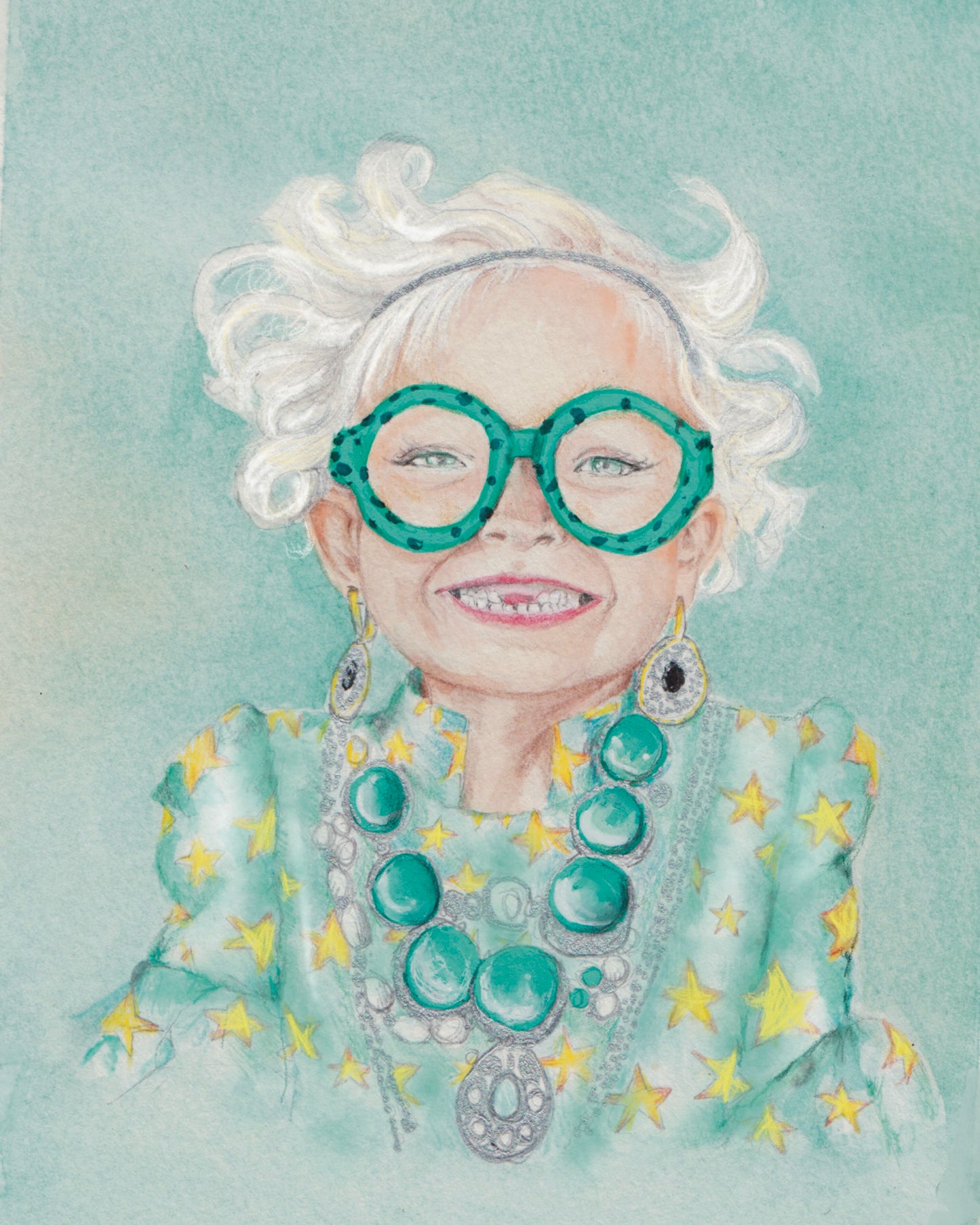 Whimsical Star Girl Portrait – White Blonde Hair & Glasses Cozy Bookish Wall Art Print Watercolor Painting Print