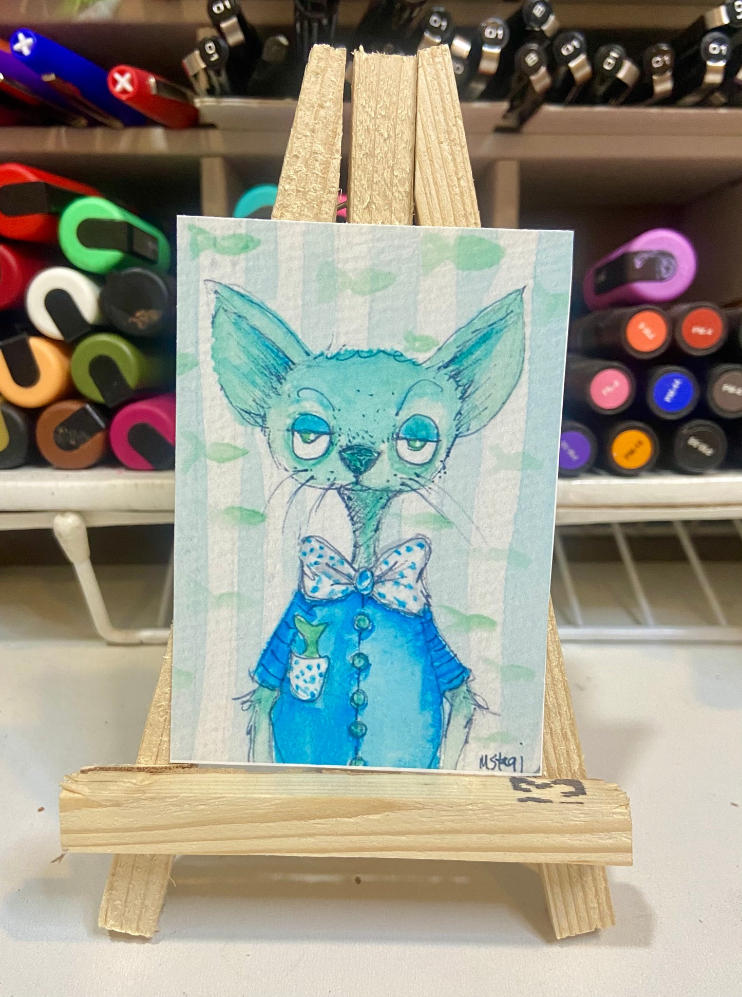 ACEO Limited Edition Print Watercolor Green Kitty 2.5 x 3.5