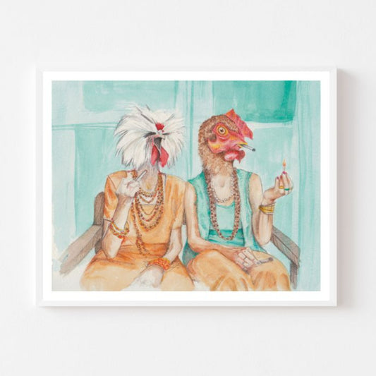 Framed artwork of two chickens in a room with a light blue wall.