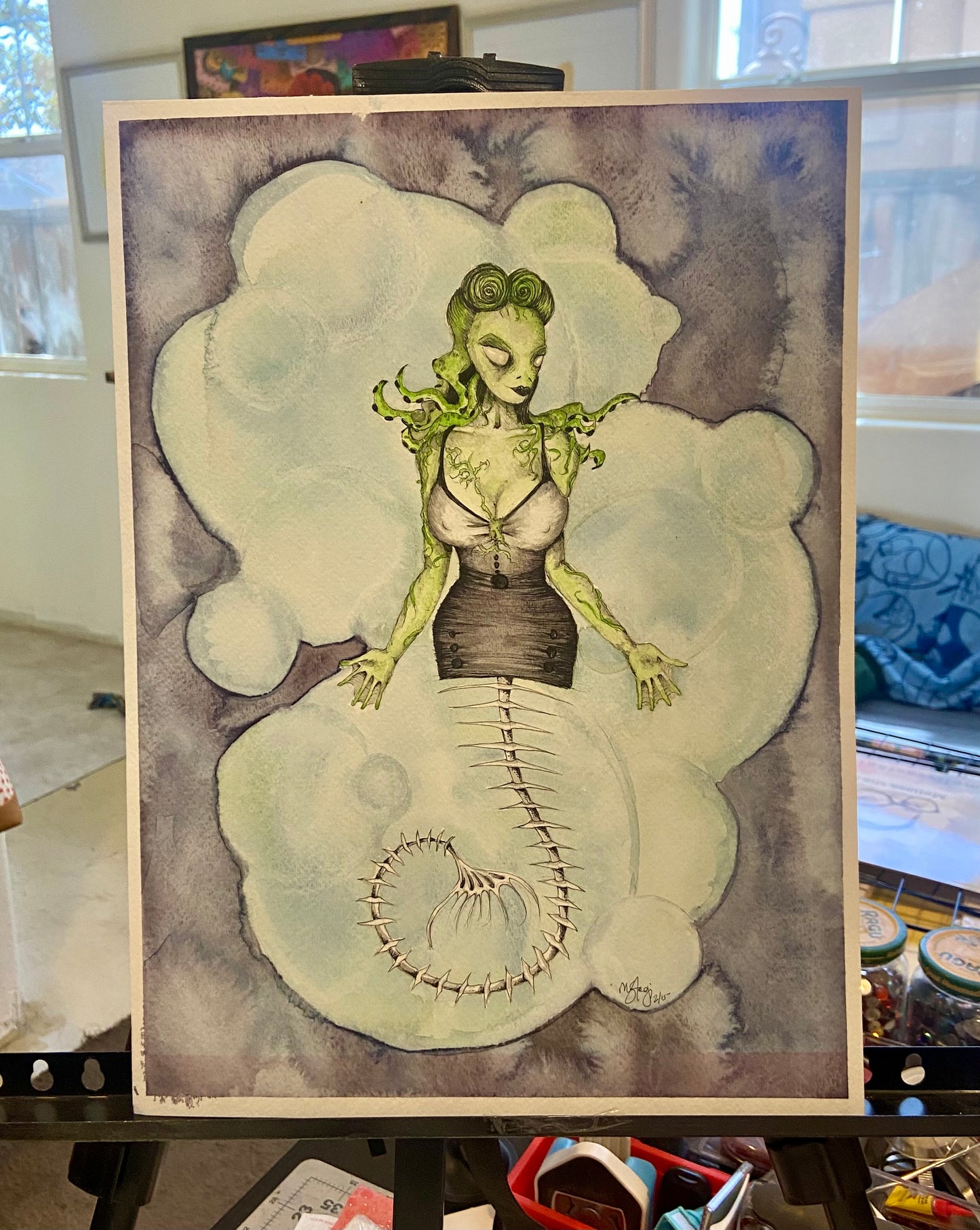 Spooky Special Sale - Zombie Mermaid Original Watercolor Halloween Art