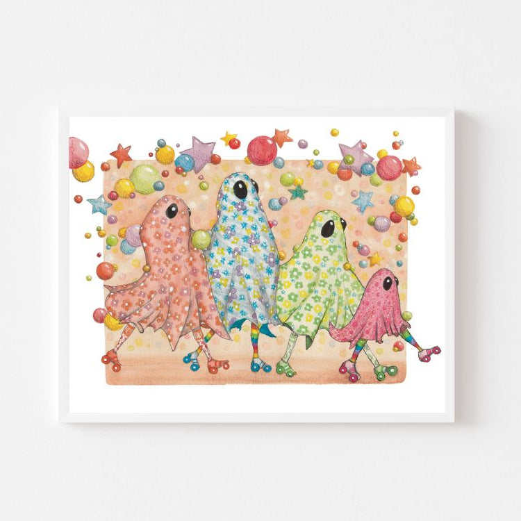 Colorful illustration of four cartoon-like creatures on a white background