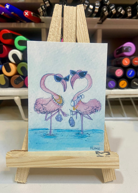 ACEO Limited Edition Print Watercolor Fancy Flamingos 2.5 x 3.5