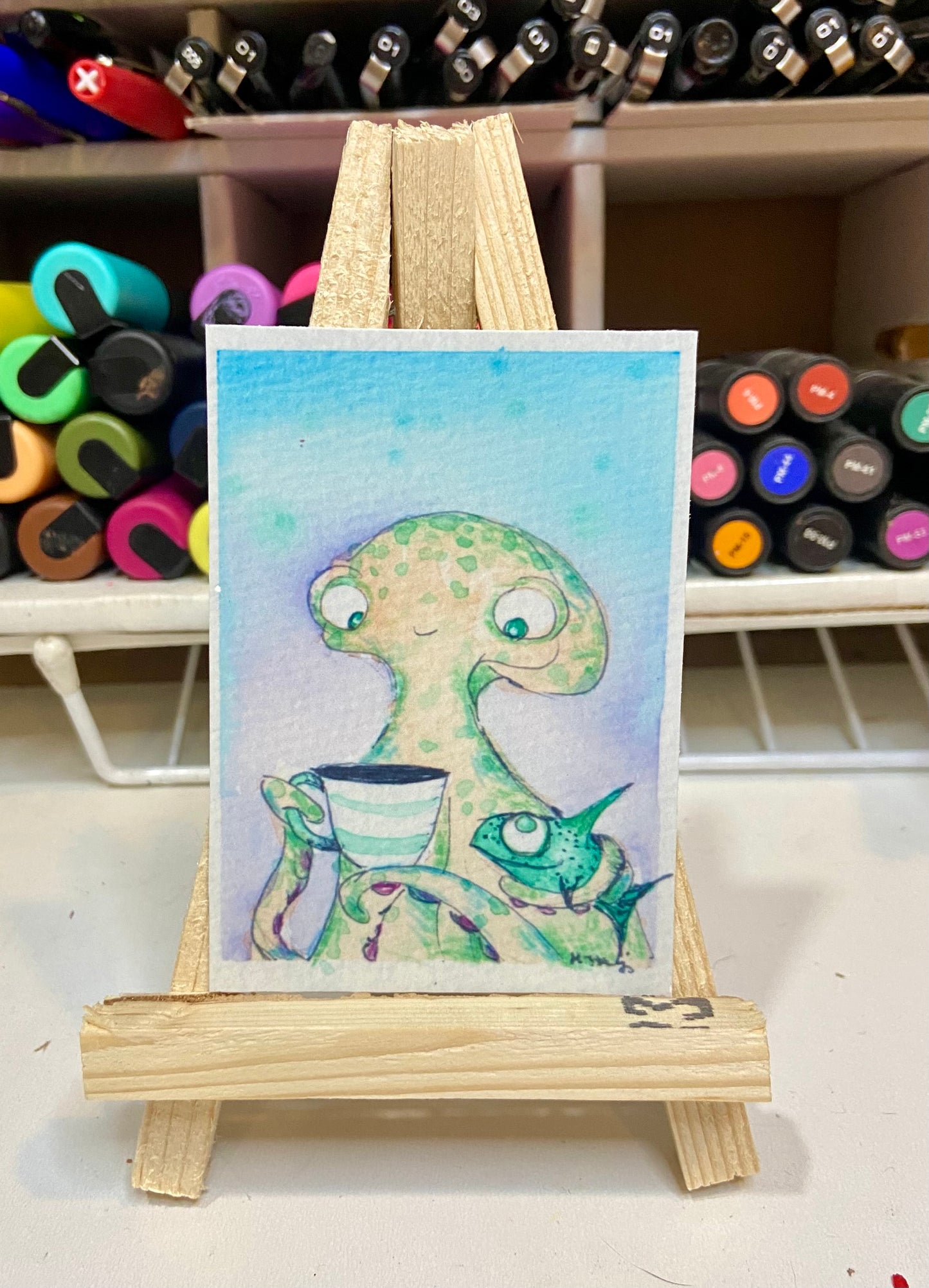 ACEO Limited Edition Print Watercolor Octopus Coffee 2.5 x 3.5
